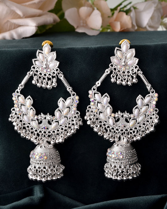 VOJ Stunning White Oxidized Chandbali with Stone And Peral Detailing Earrings VOJ (Valley Of Jewellery)