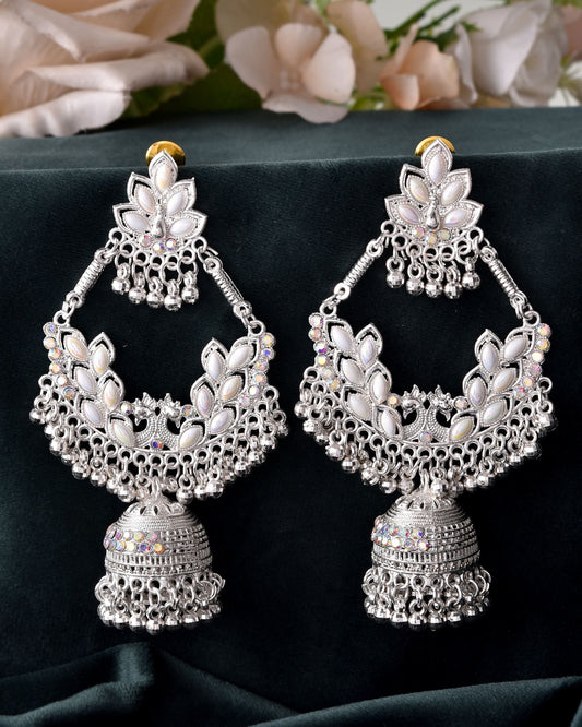 VOJ Stunning White Oxidized Chandbali with Stone And Peral Detailing Earrings - Swadesiicart