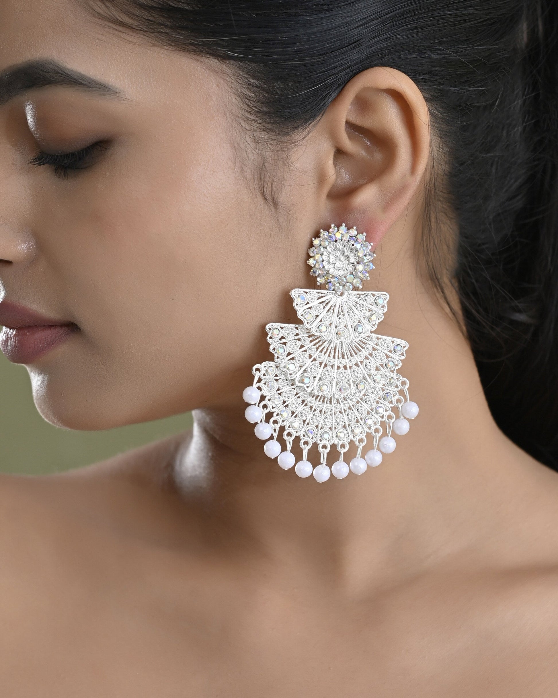 VOJ White Oxidized Multi Layered Stone Studded Earrings VOJ (Valley Of Jewellery)