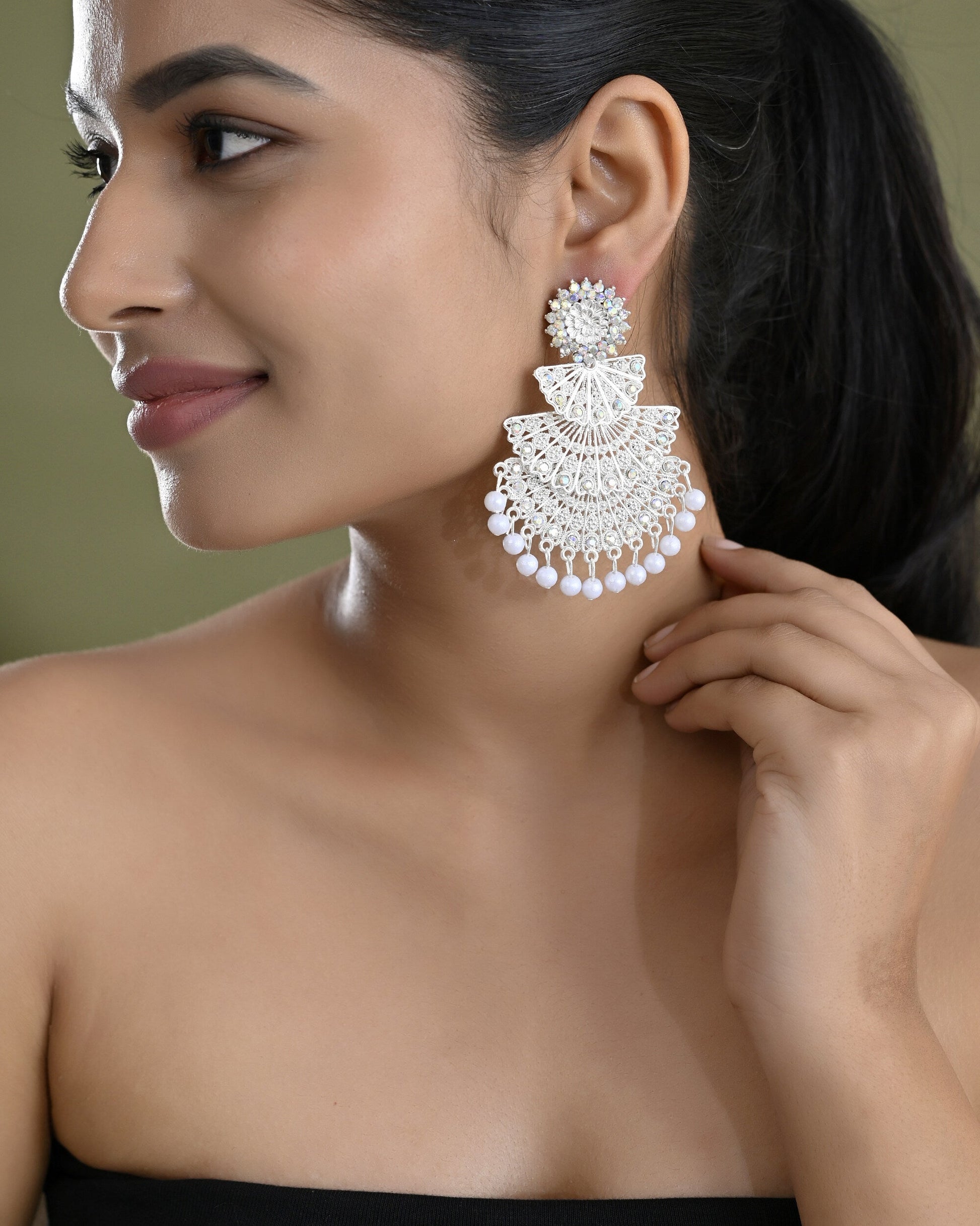 VOJ White Oxidized Multi Layered Stone Studded Earrings VOJ (Valley Of Jewellery)