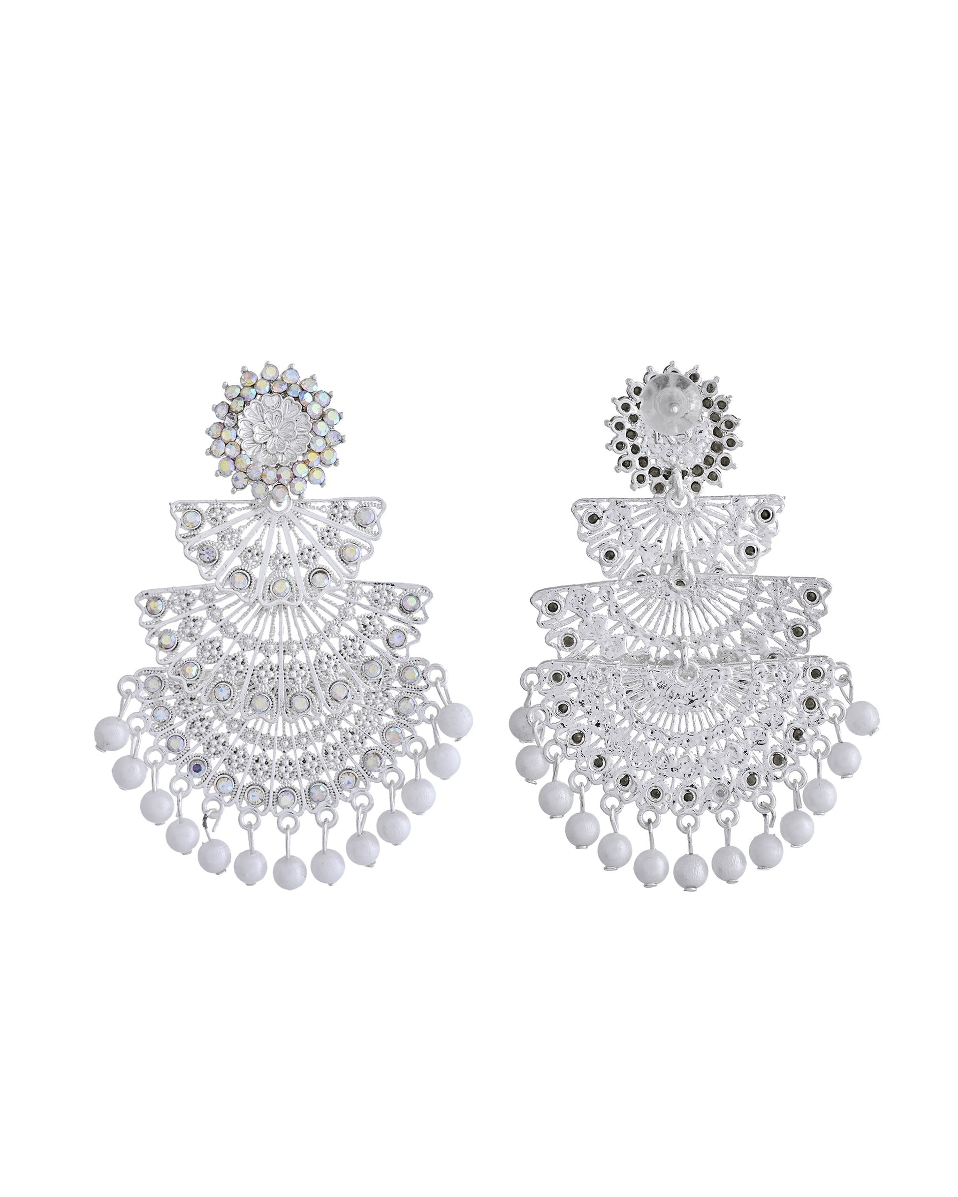 VOJ White Oxidized Multi Layered Stone Studded Earrings