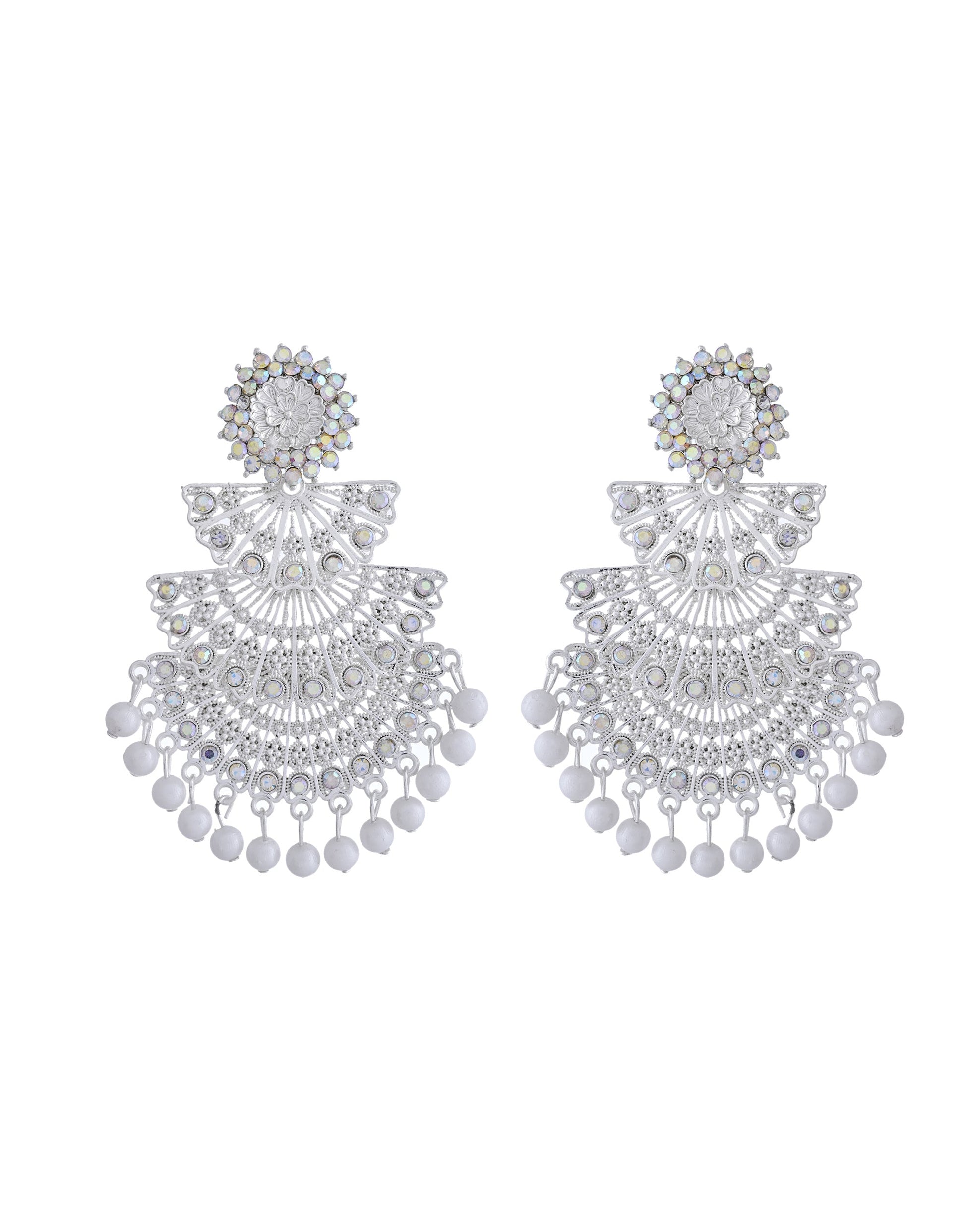 VOJ White Oxidized Multi Layered Stone Studded Earrings