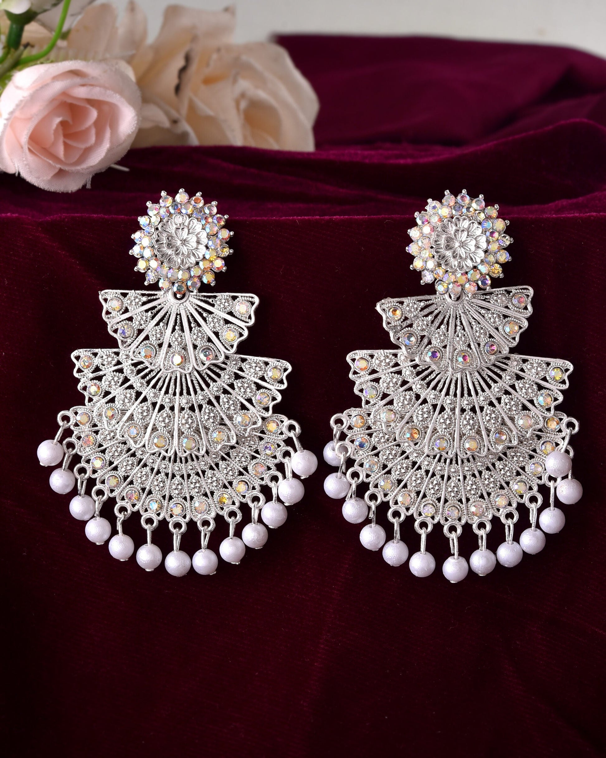 VOJ White Oxidized Multi Layered Stone Studded Earrings VOJ (Valley Of Jewellery)