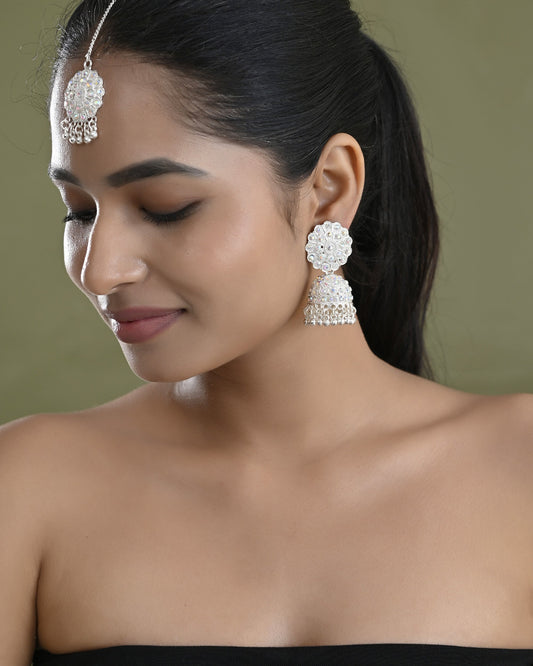 VOJ White Stone Studded Jhumkar Earrings With Maang Tikka VOJ (Valley Of Jewellery)