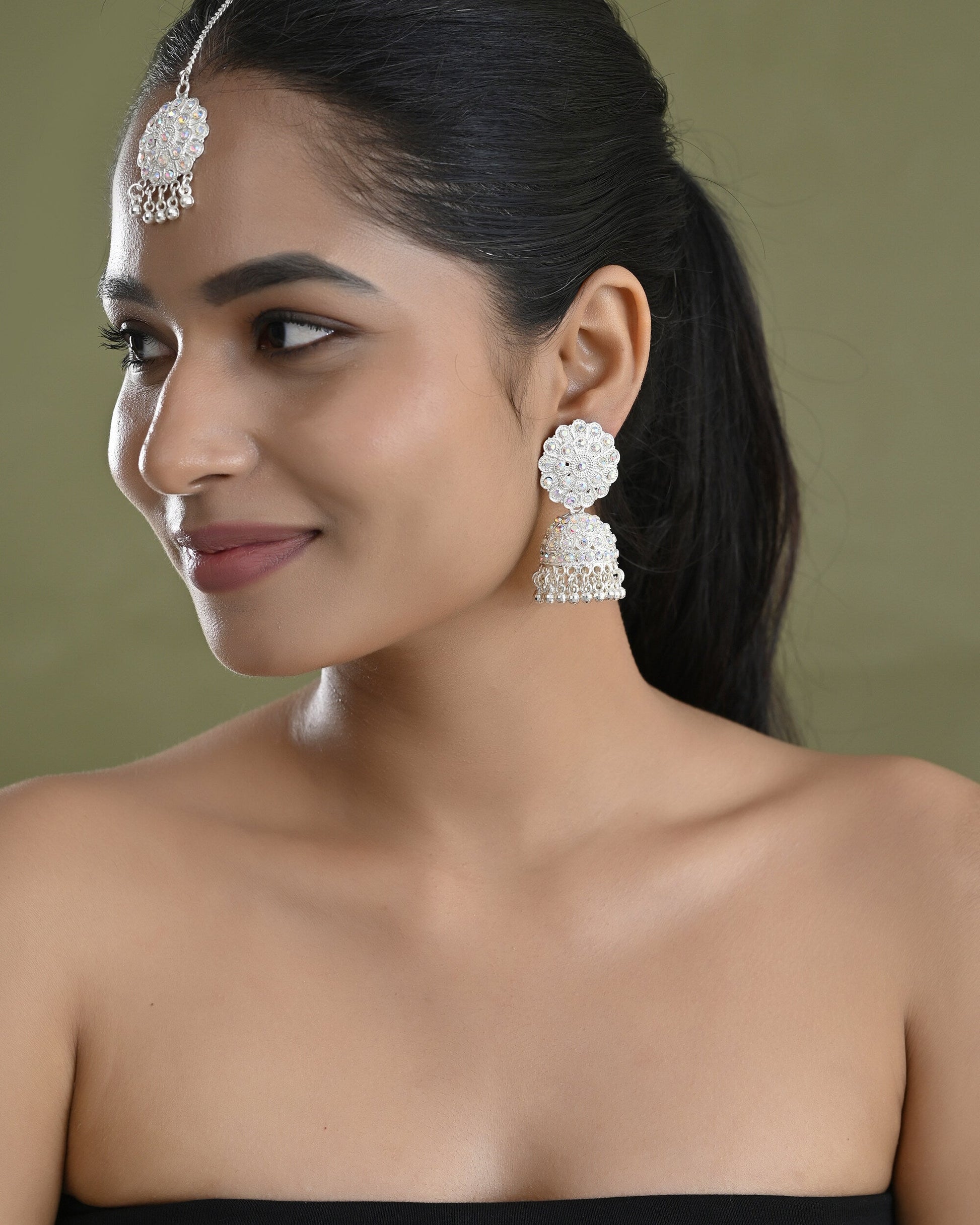 VOJ White Stone Studded Jhumkar Earrings With Maang Tikka VOJ (Valley Of Jewellery)