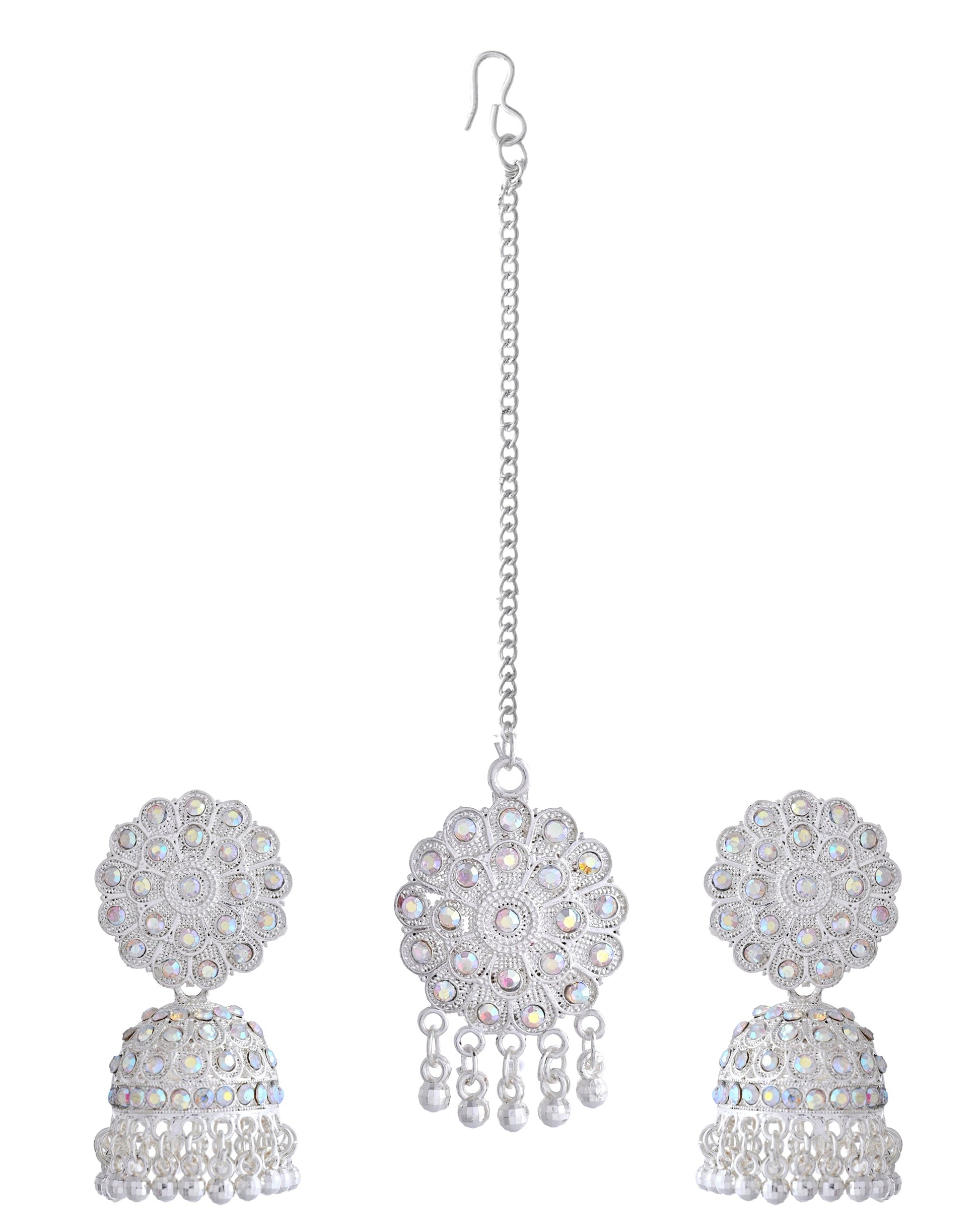 VOJ White Stone Studded Jhumkar Earrings With Maang Tikka VOJ (Valley Of Jewellery)