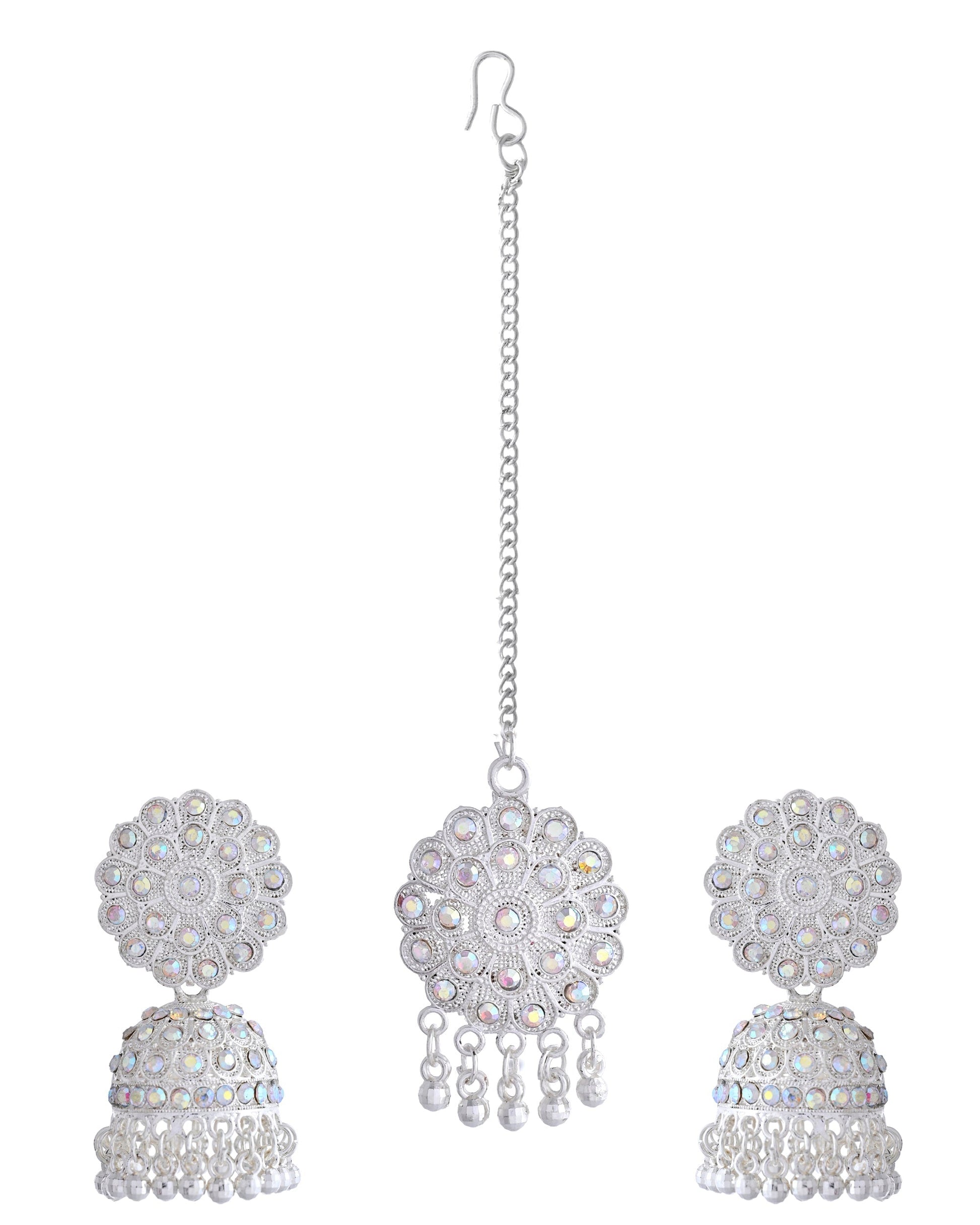 VOJ White Stone Studded Jhumkar Earrings With Maang Tikka - Swadesiicart