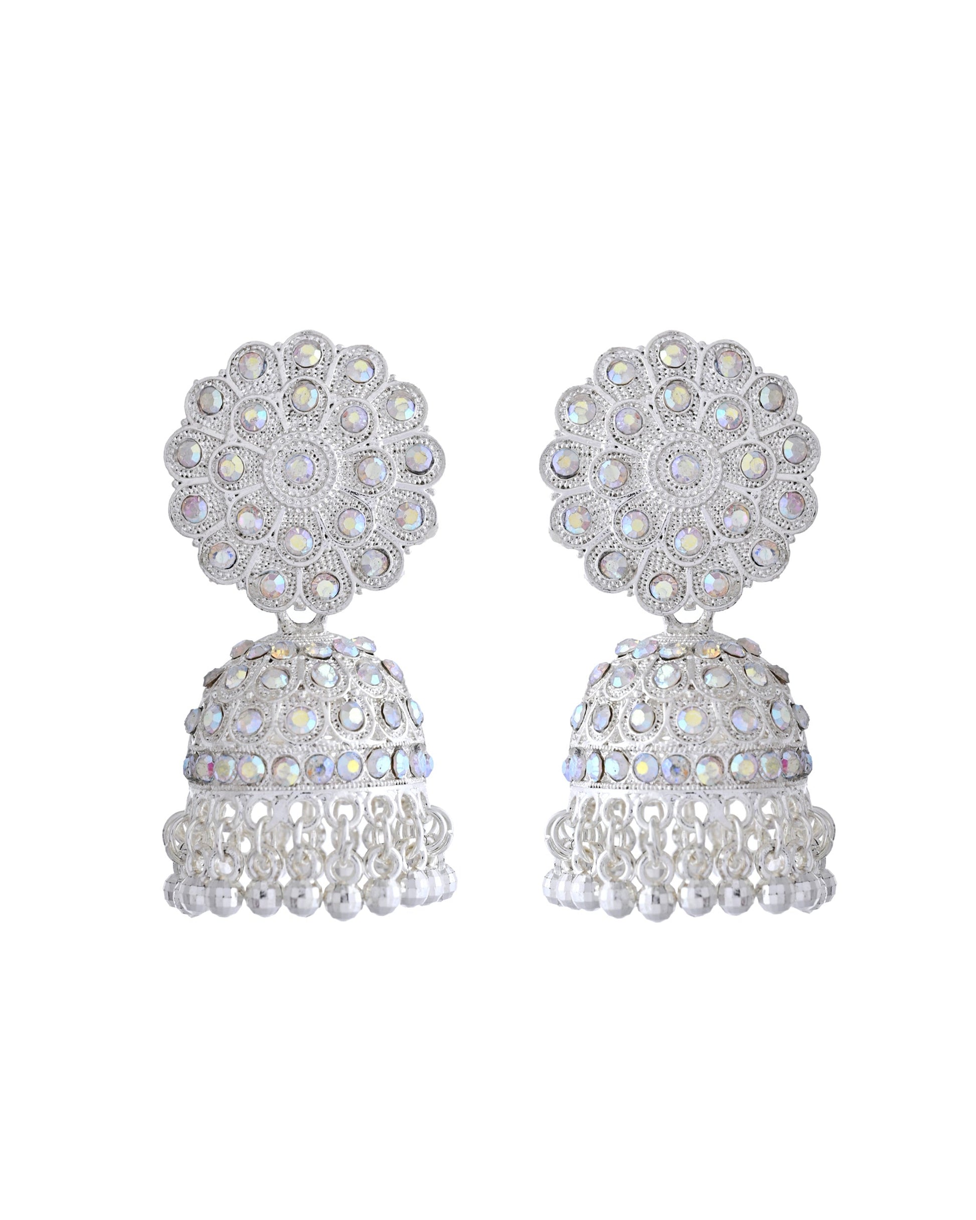 VOJ White Stone Studded Jhumkar Earrings With Maang Tikka VOJ (Valley Of Jewellery)