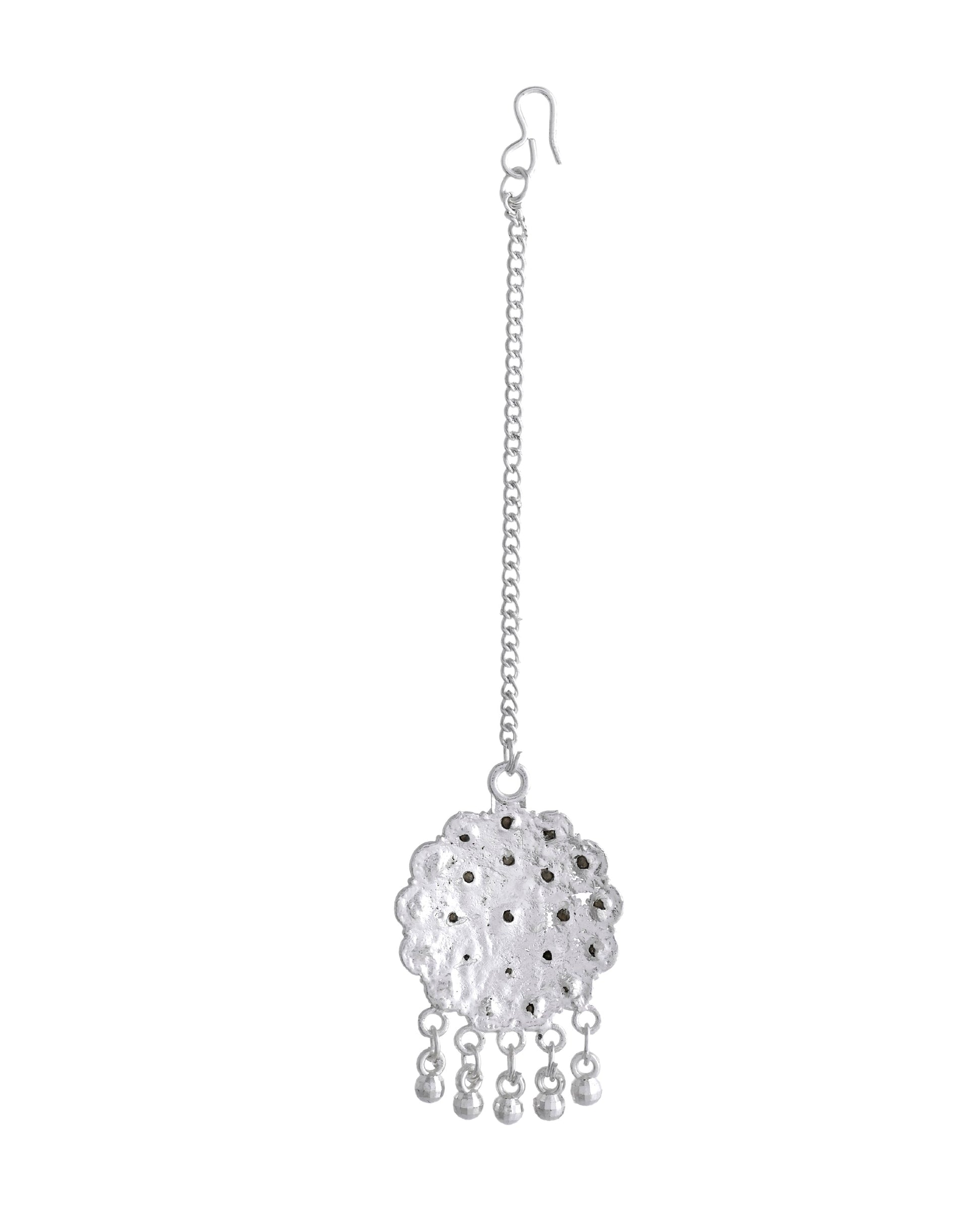 VOJ White Stone Studded Jhumkar Earrings With Maang Tikka - Swadesiicart