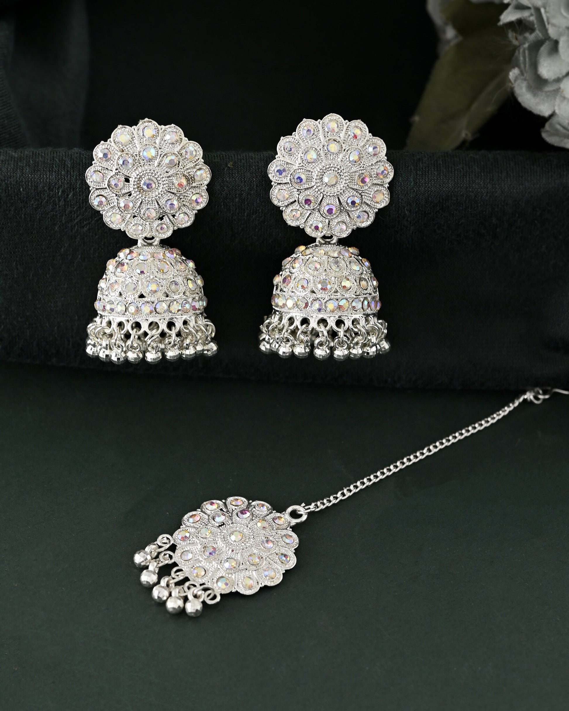 VOJ White Stone Studded Jhumkar Earrings With Maang Tikka VOJ (Valley Of Jewellery)