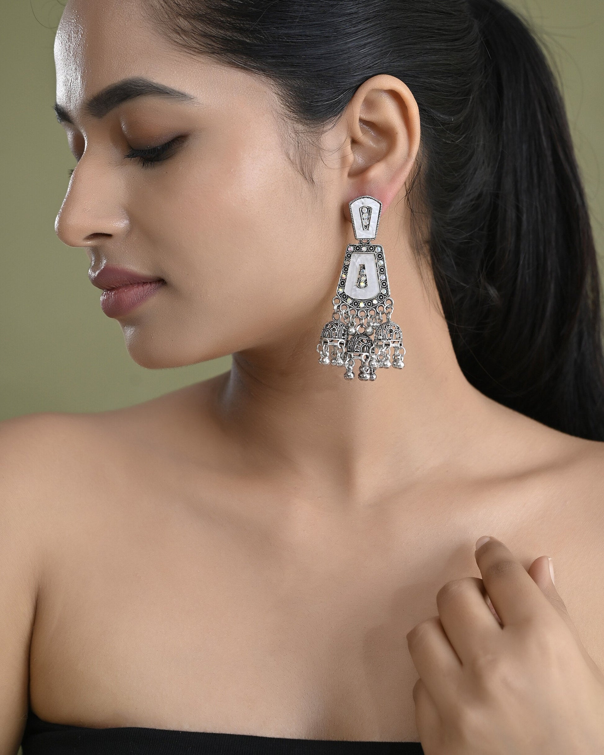 VOJ Silver Plated Moon Stone Studded Elegent Earrings VOJ (Valley Of Jewellery)