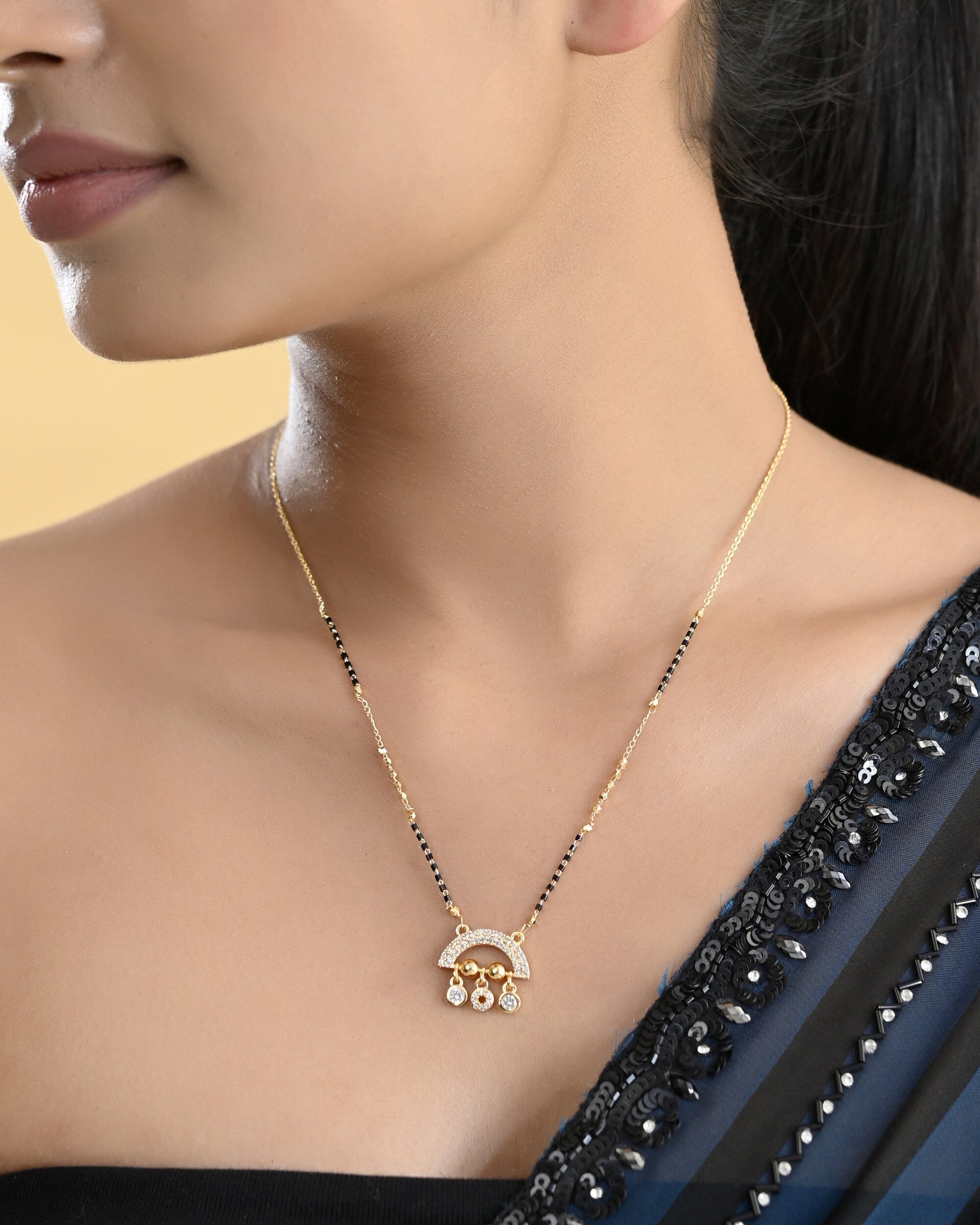 VOJ Gold-Polished AD Studded Half Done Shape Mangalsutra 