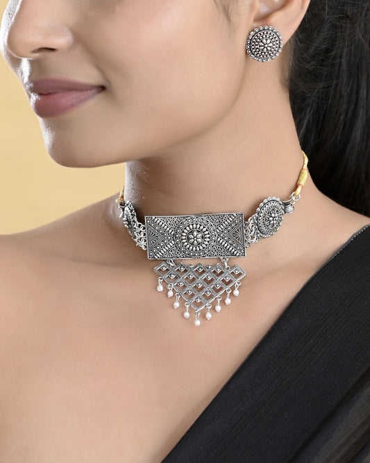 VOJ Silver Plated Oxidized Choker With Earrings Set VOJ (Valley Of Jewellery)