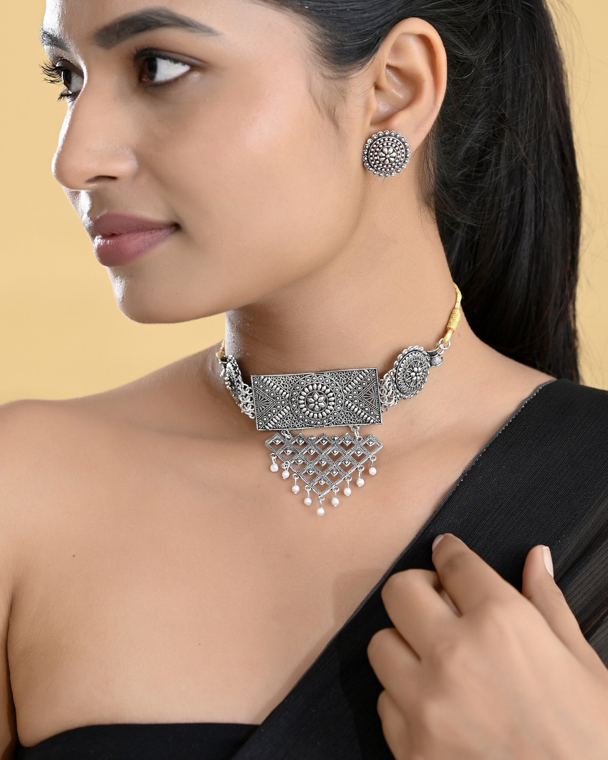 VOJ Silver Plated Oxidized Choker With Earrings Set VOJ (Valley Of Jewellery)