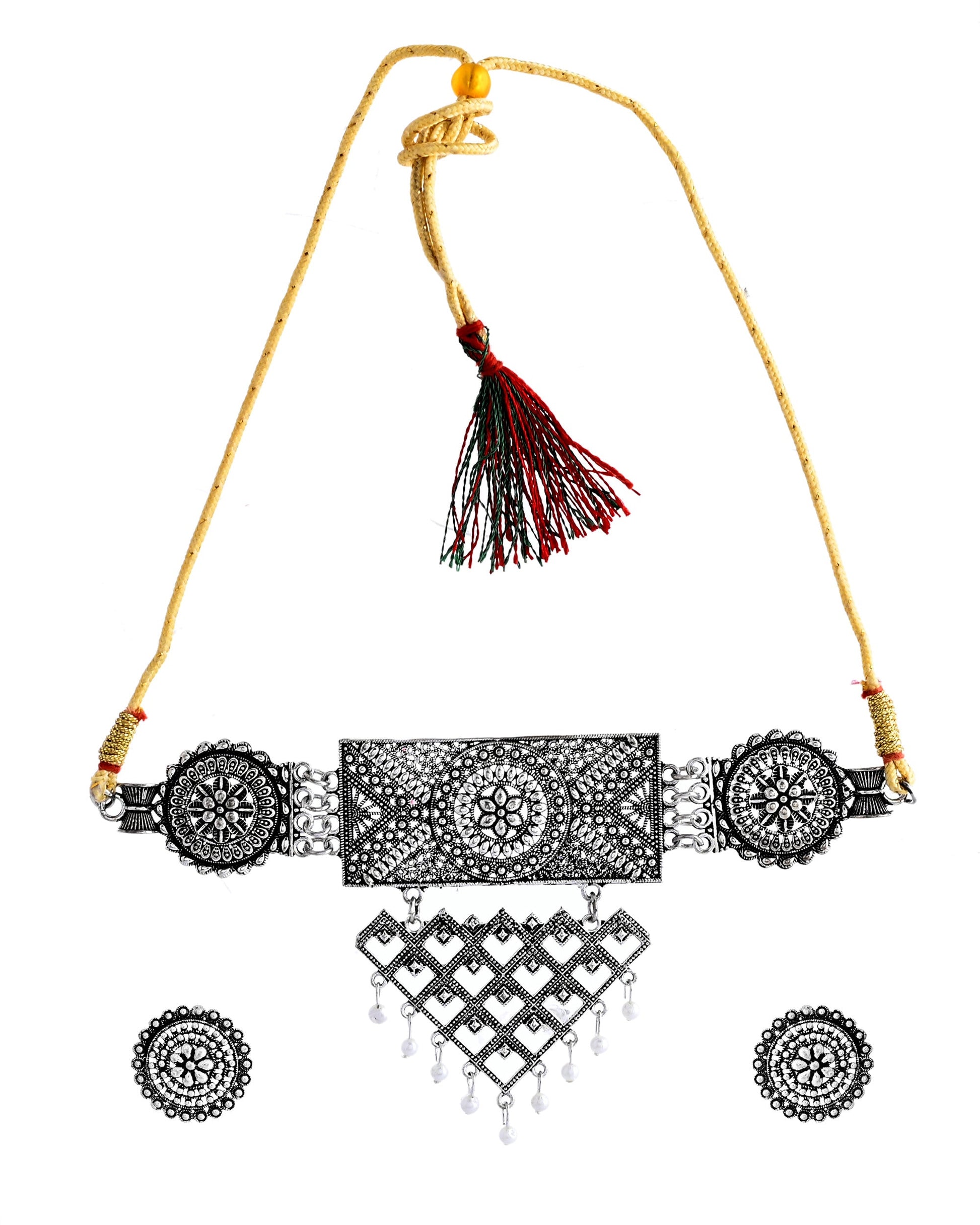 VOJ Silver Plated Oxidized Choker With Earrings Set VOJ (Valley Of Jewellery)