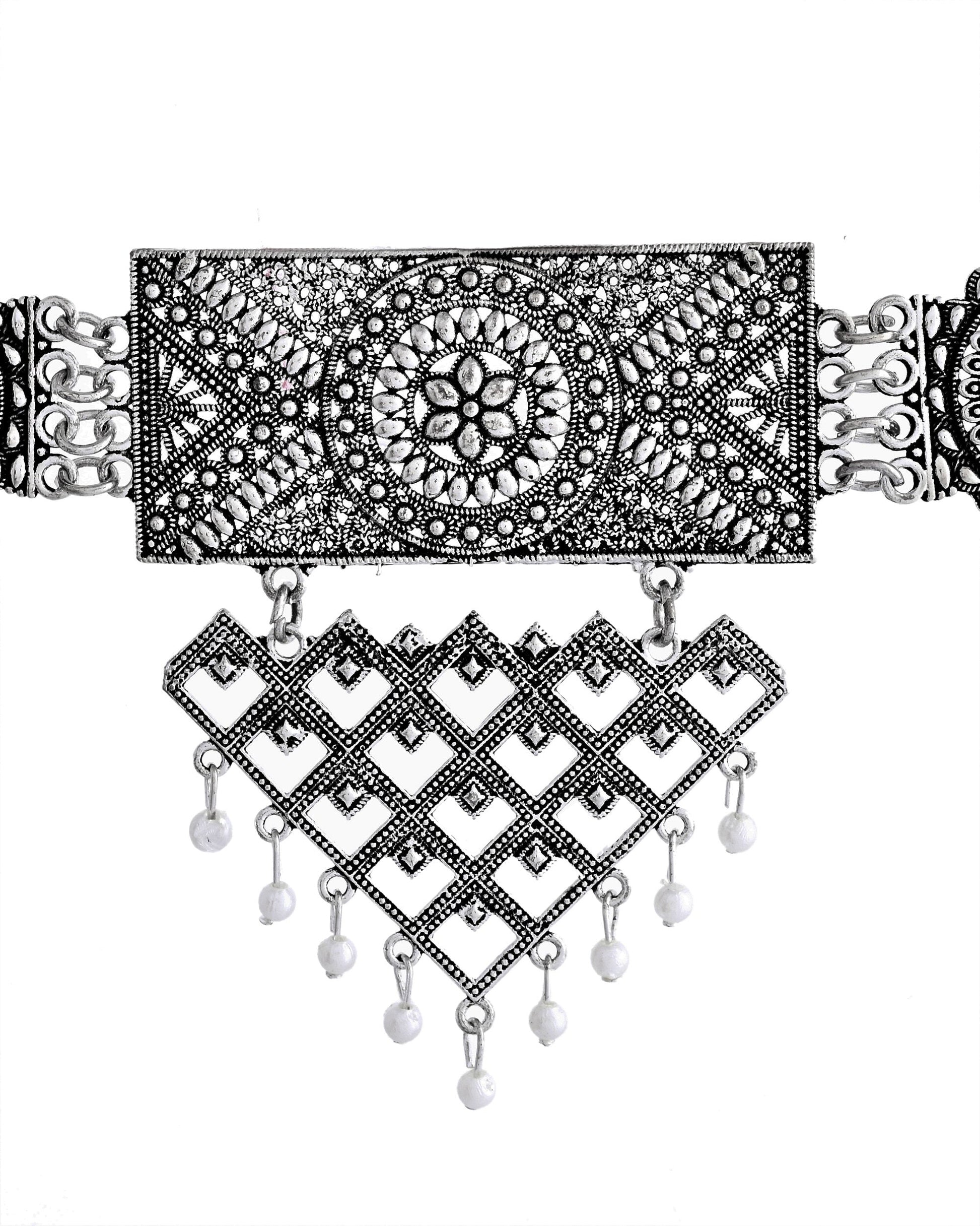 VOJ Silver Plated Oxidized Choker With Earrings Set VOJ (Valley Of Jewellery)