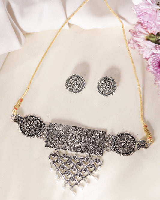 VOJ Silver Plated Oxidized Choker With Earrings Set VOJ (Valley Of Jewellery)