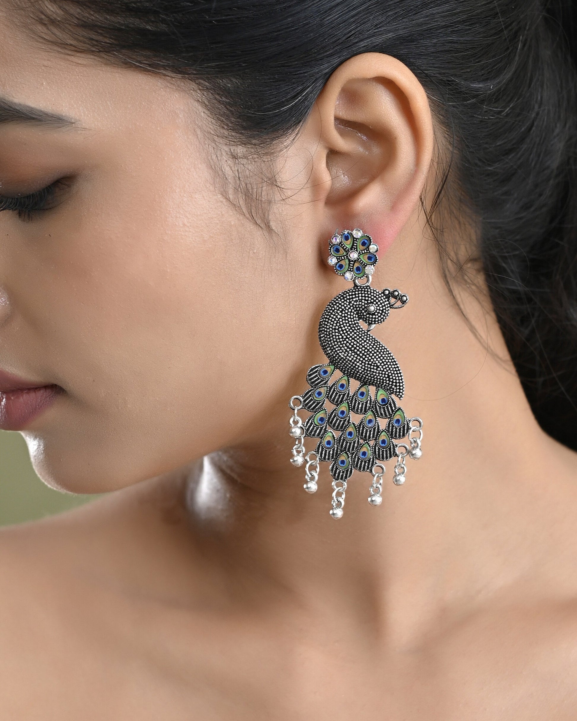 VOJ Silver Plated Oxidized Peacock Shaped Long Earrings VOJ (Valley Of Jewellery)