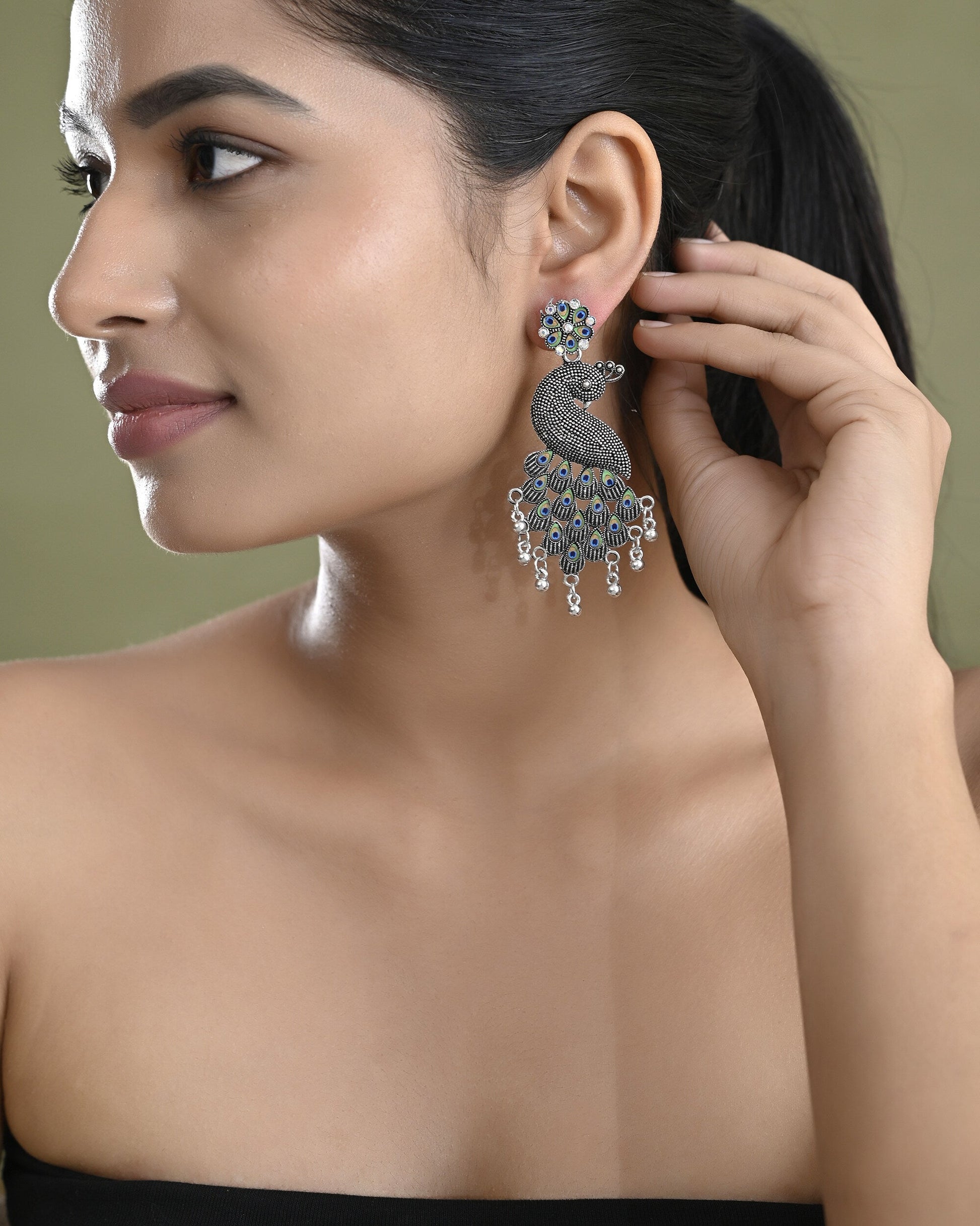 VOJ Silver Plated Oxidized Peacock Shaped Long Earrings VOJ (Valley Of Jewellery)