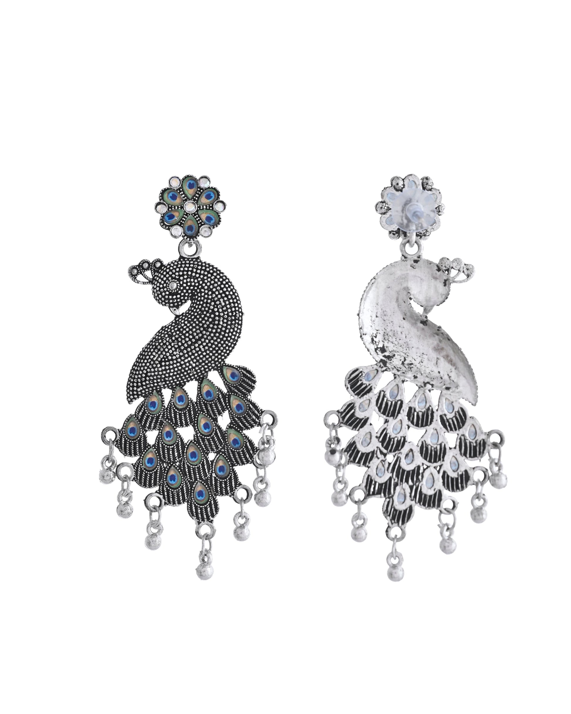 VOJ Silver Plated Oxidized Peacock Shaped Long Earrings VOJ (Valley Of Jewellery)