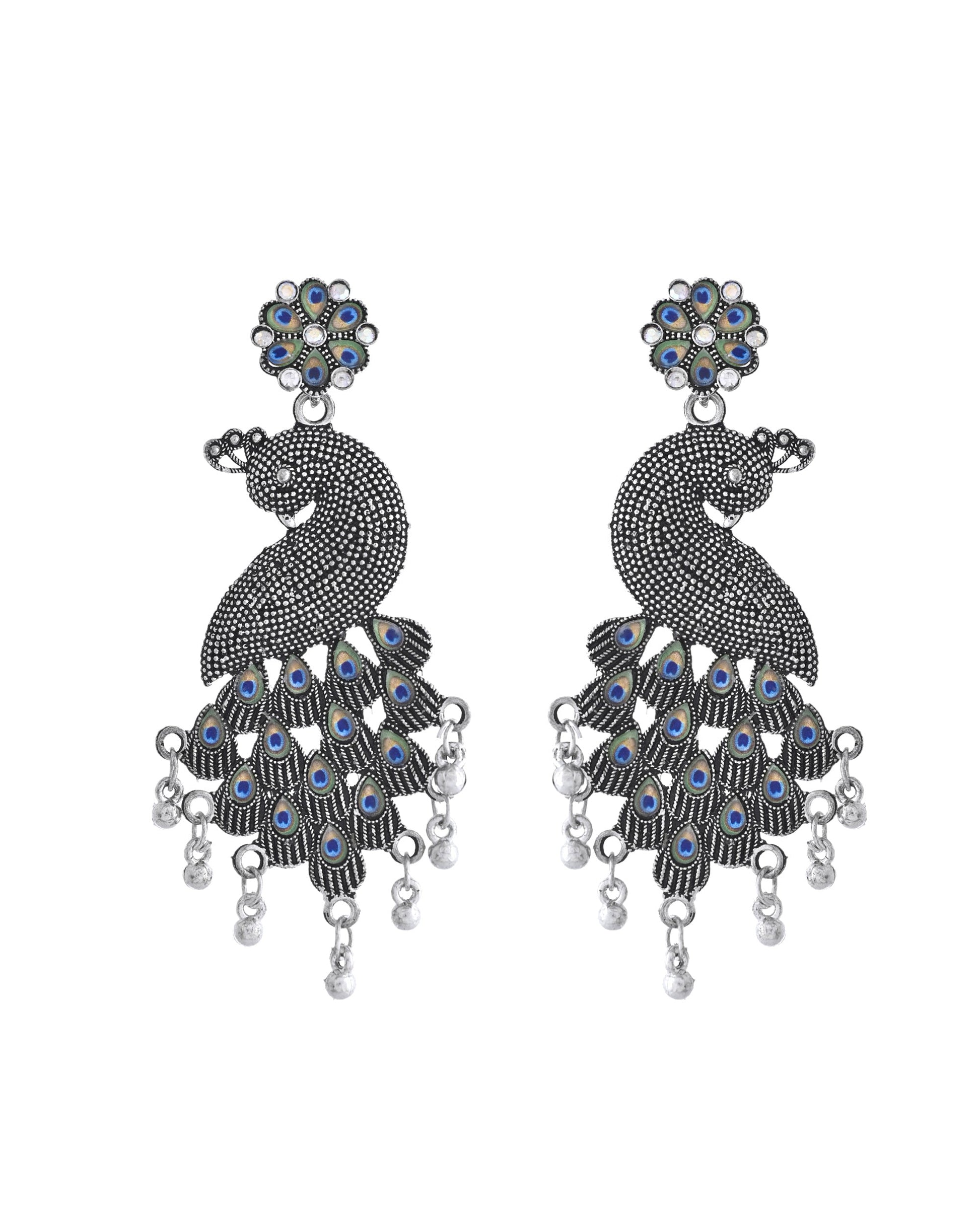 VOJ Silver Plated Oxidized Peacock Shaped Long Earrings VOJ (Valley Of Jewellery)