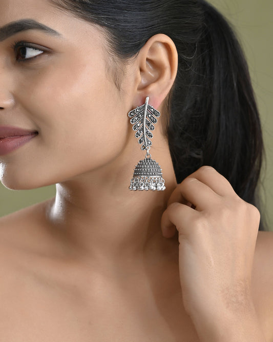 VOJ Silver Plated Oxidized Stone Studded Leaf Shaped Long Earrings VOJ (Valley Of Jewellery)