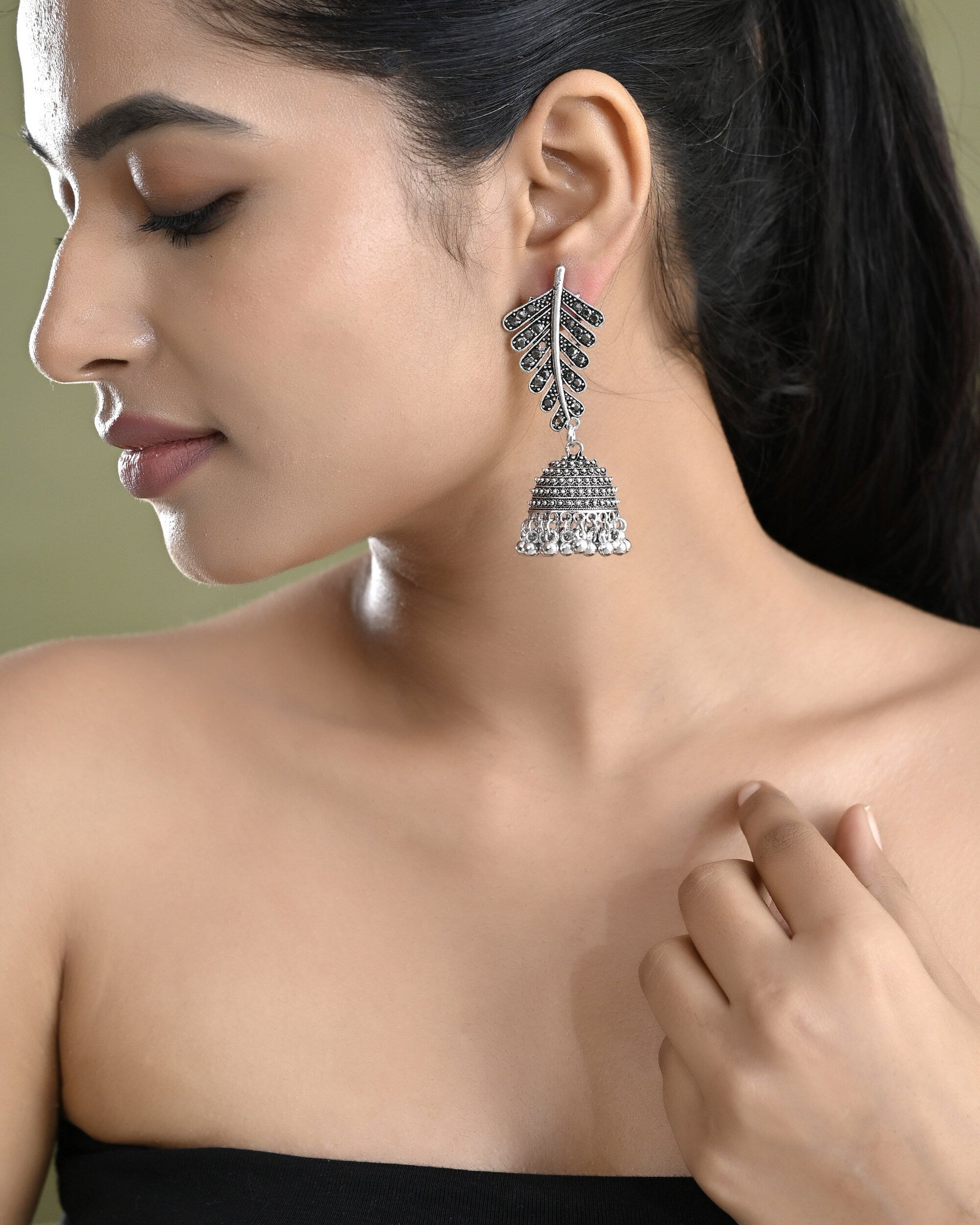 VOJ Silver Plated Oxidized Stone Studded Leaf Shaped Long Earrings VOJ (Valley Of Jewellery)