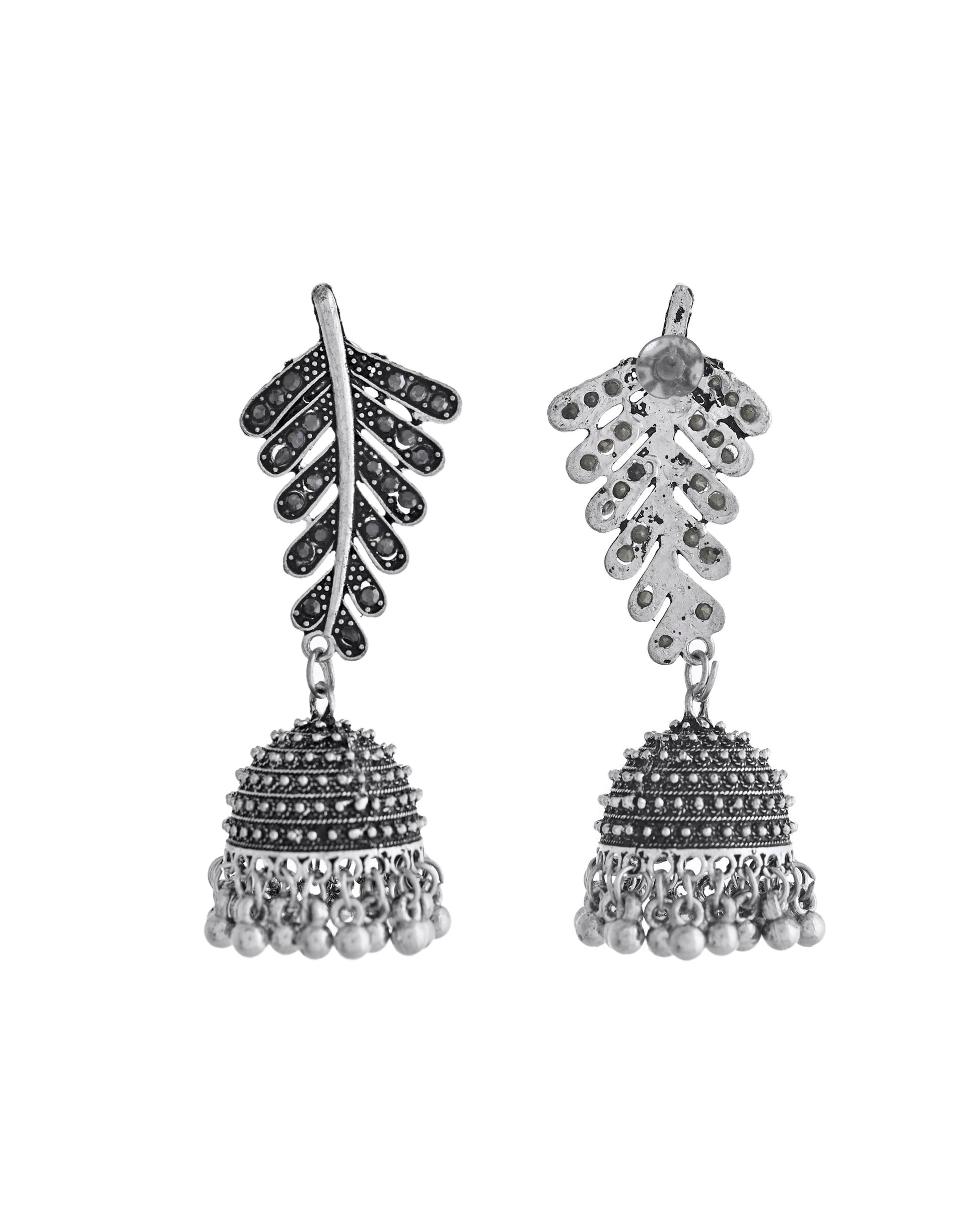 VOJ Silver Plated Oxidized Stone Studded Leaf Shaped Long Earrings VOJ (Valley Of Jewellery)