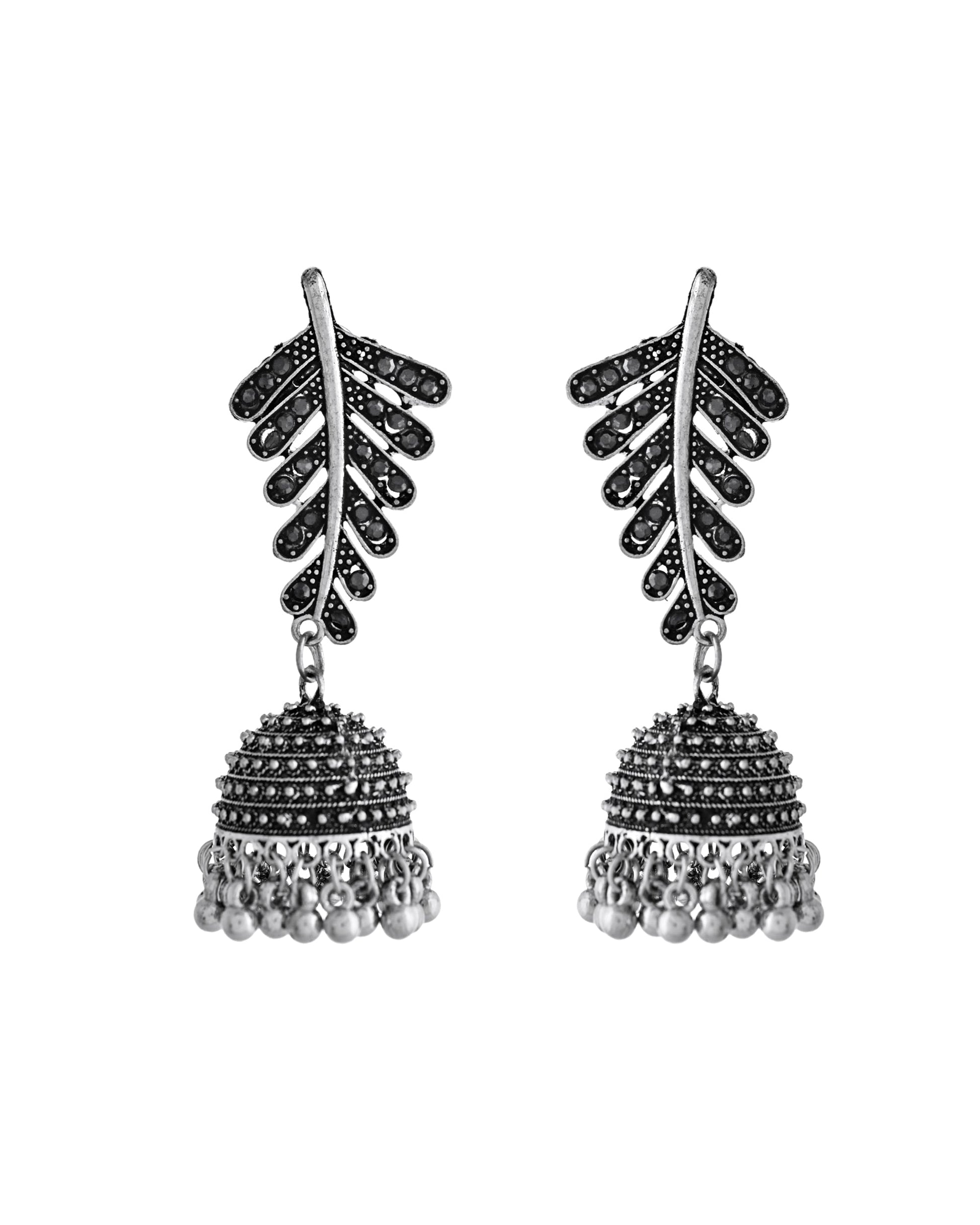 VOJ Silver Plated Oxidized Stone Studded Leaf Shaped Long Earrings VOJ (Valley Of Jewellery)
