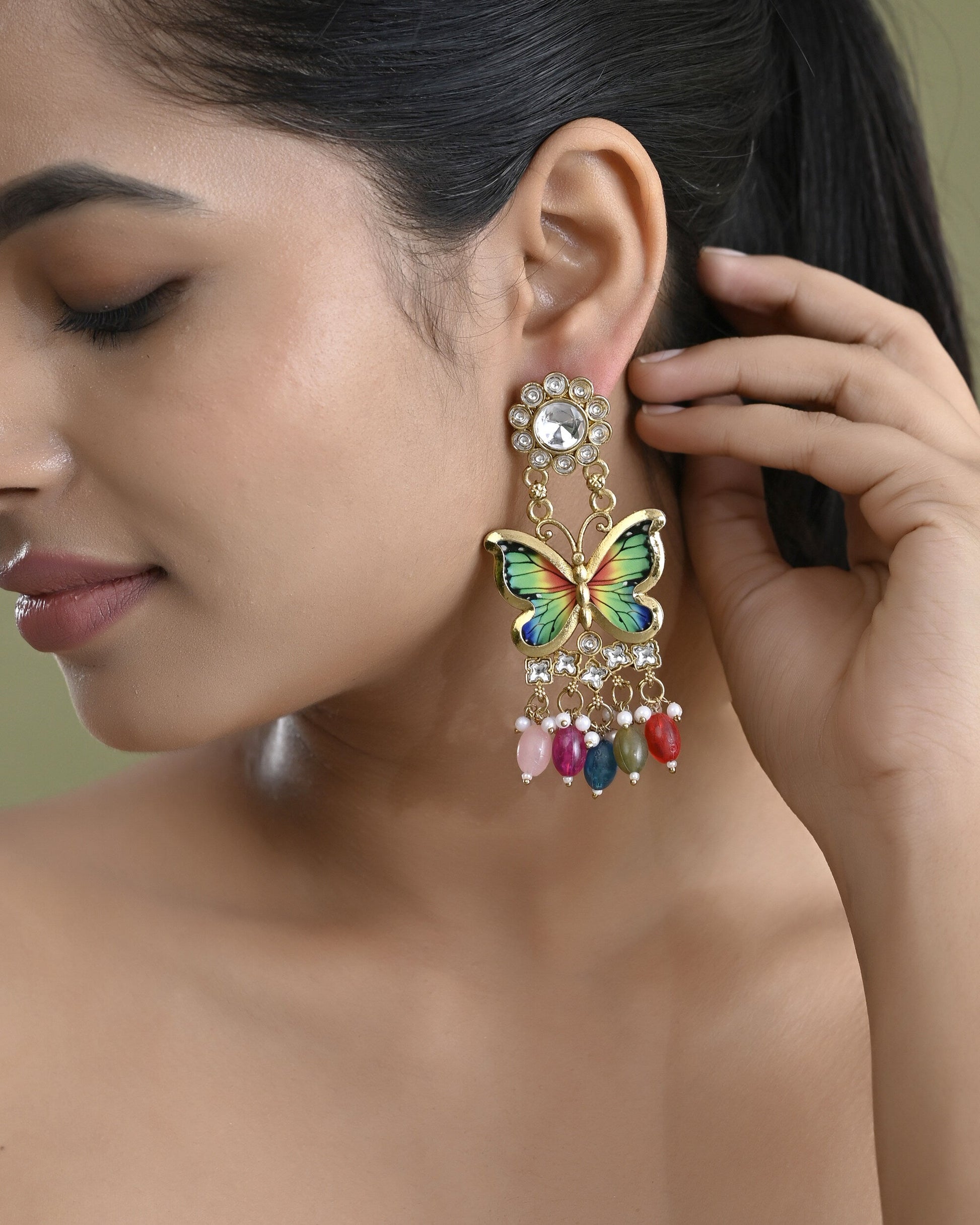 VOJ Gold Toned Multi colour Butterfly Shaped Long Earrings VOJ (Valley Of Jewellery)