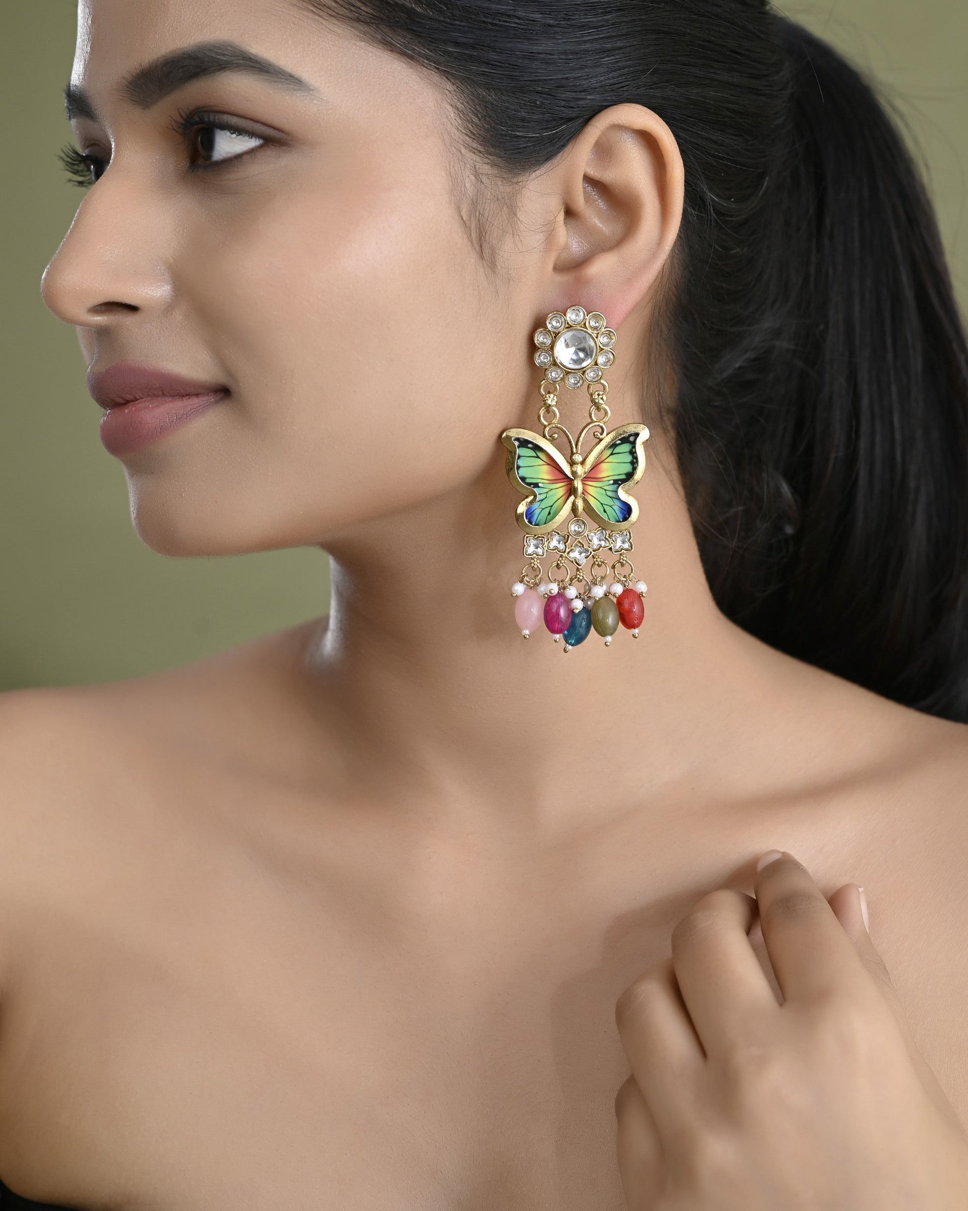 VOJ Gold Toned Multi colour Butterfly Shaped Long Earrings VOJ (Valley Of Jewellery)