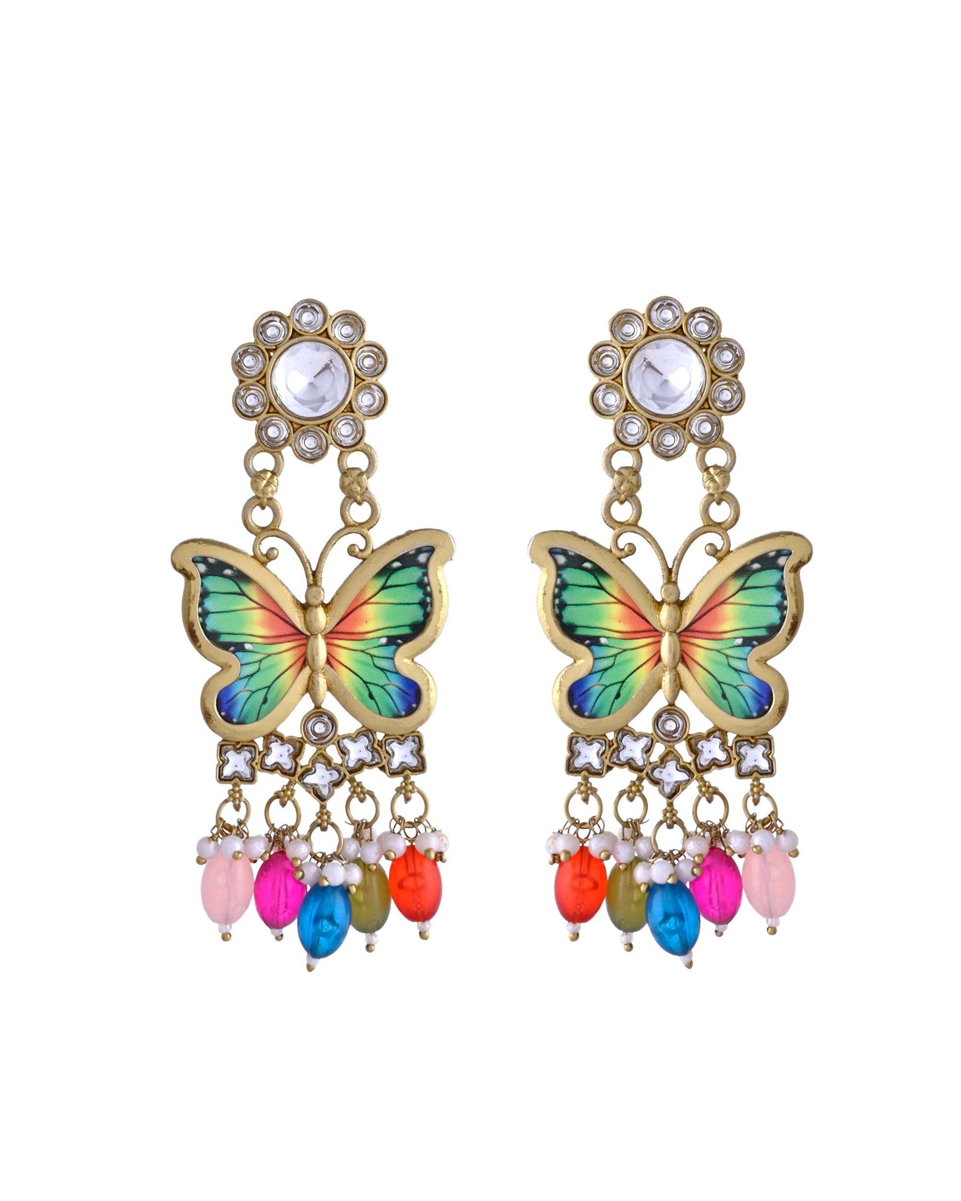 VOJ Gold Toned Multi colour Butterfly Shaped Long Earrings VOJ (Valley Of Jewellery)