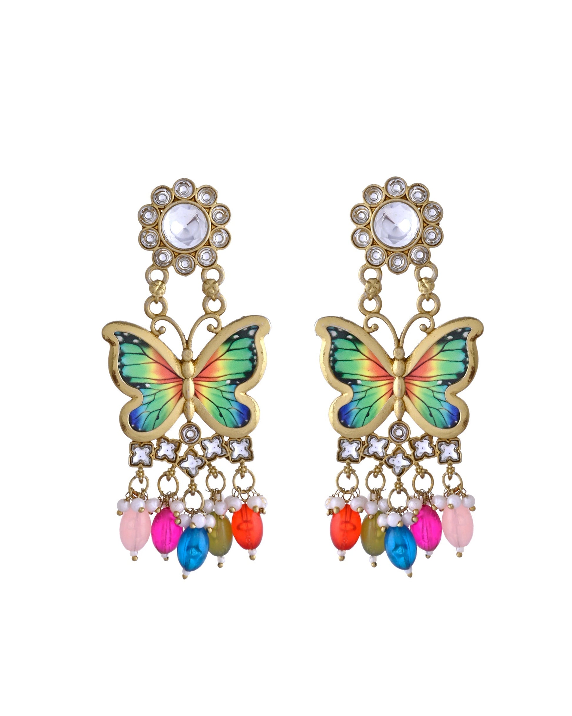 VOJ Gold Toned Multi colour Butterfly Shaped Long Earrings - Swadesiicart