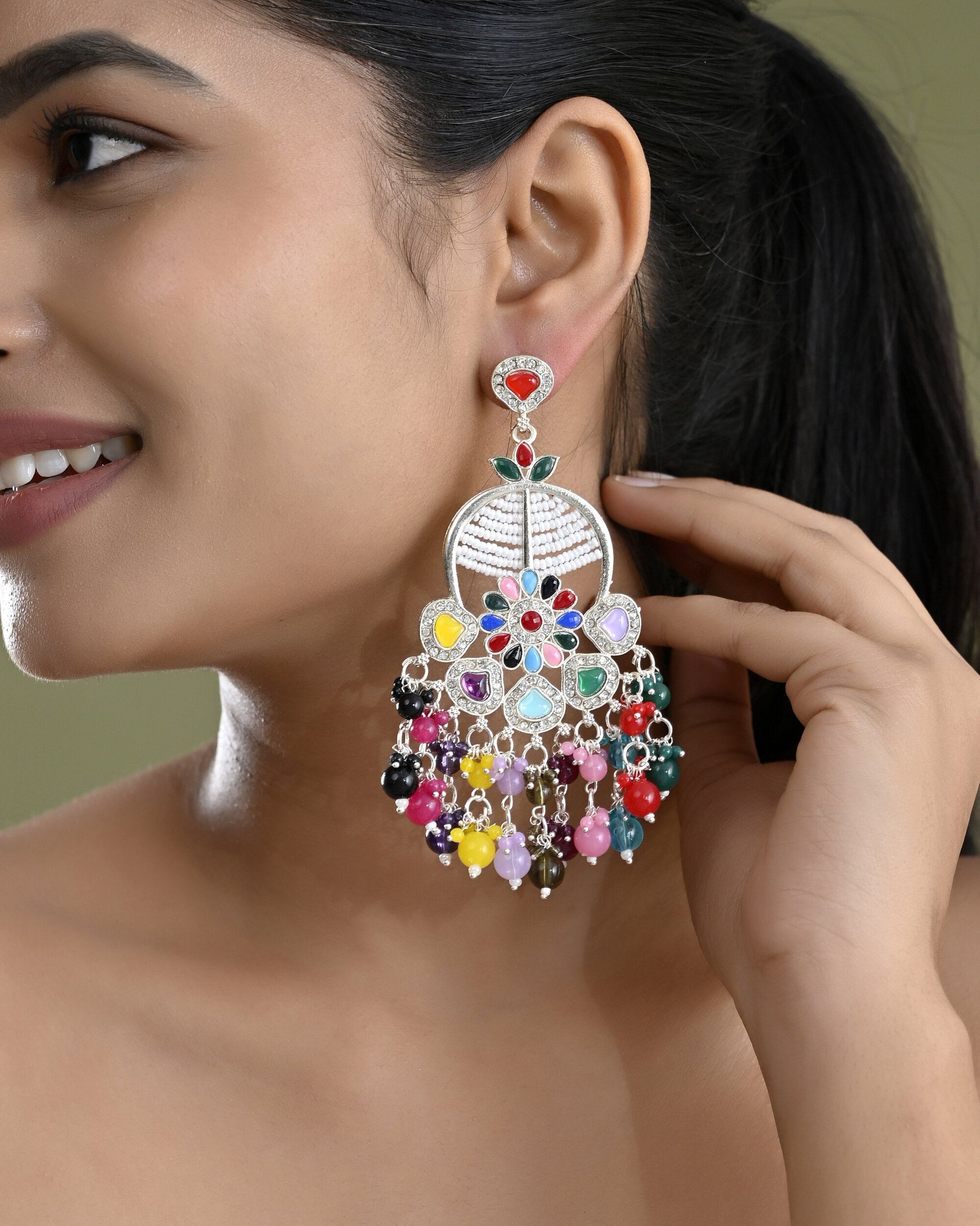 VOJ Multi Colour Beaded Long Chanbali Earrings VOJ (Valley Of Jewellery)