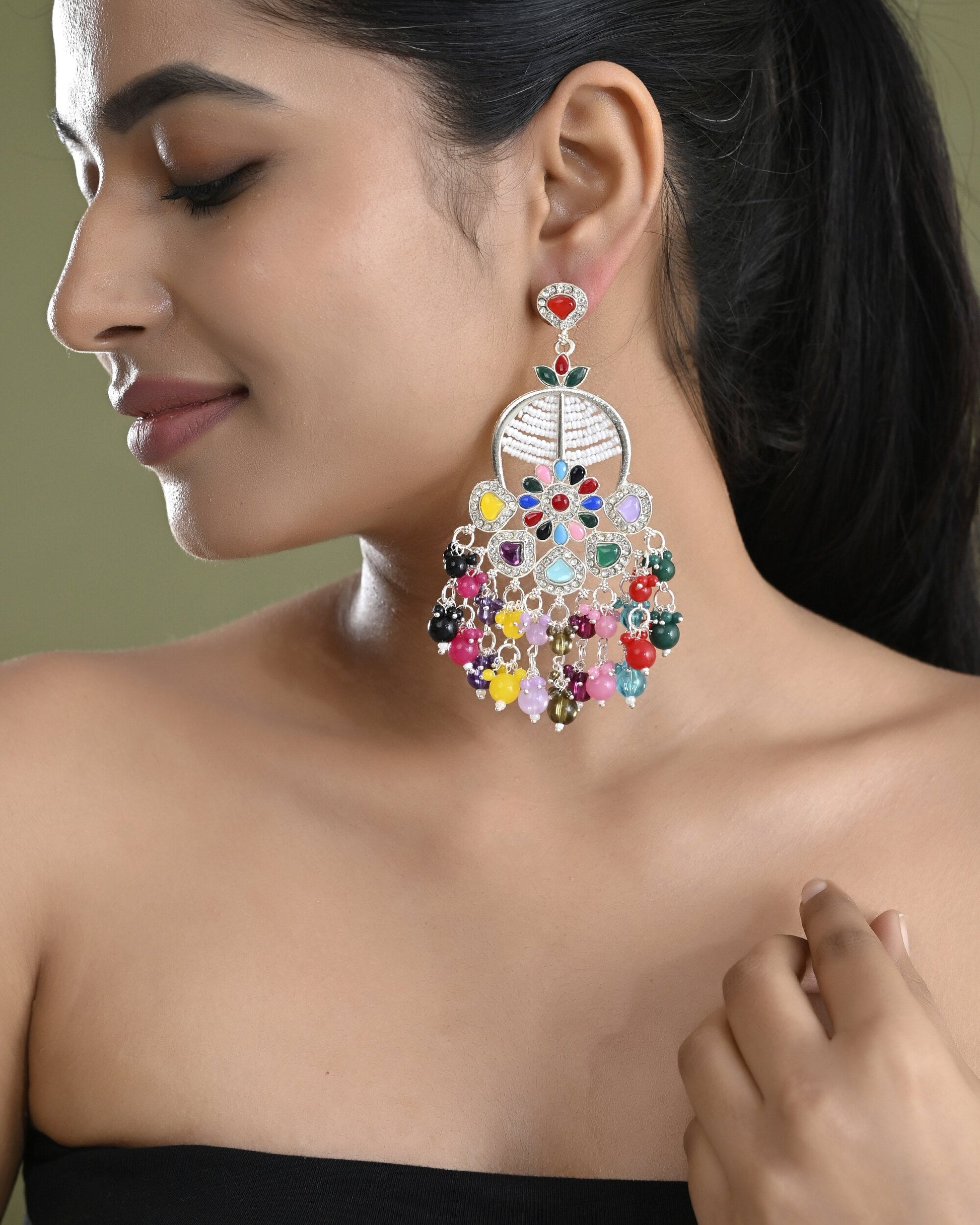 VOJ Multi Colour Beaded Long Chanbali Earrings VOJ (Valley Of Jewellery)