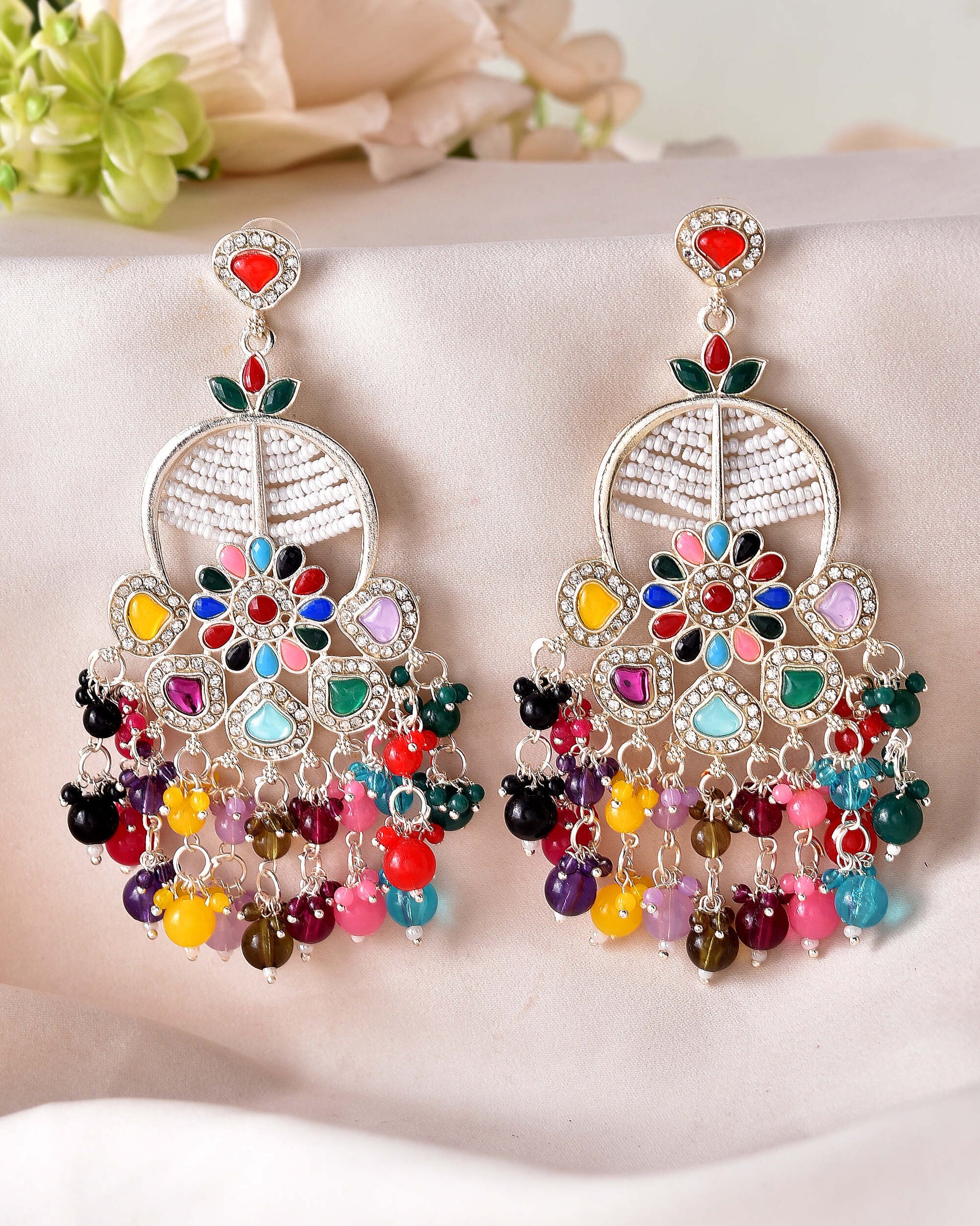 VOJ Multi Colour Beaded Long Chanbali Earrings VOJ (Valley Of Jewellery)