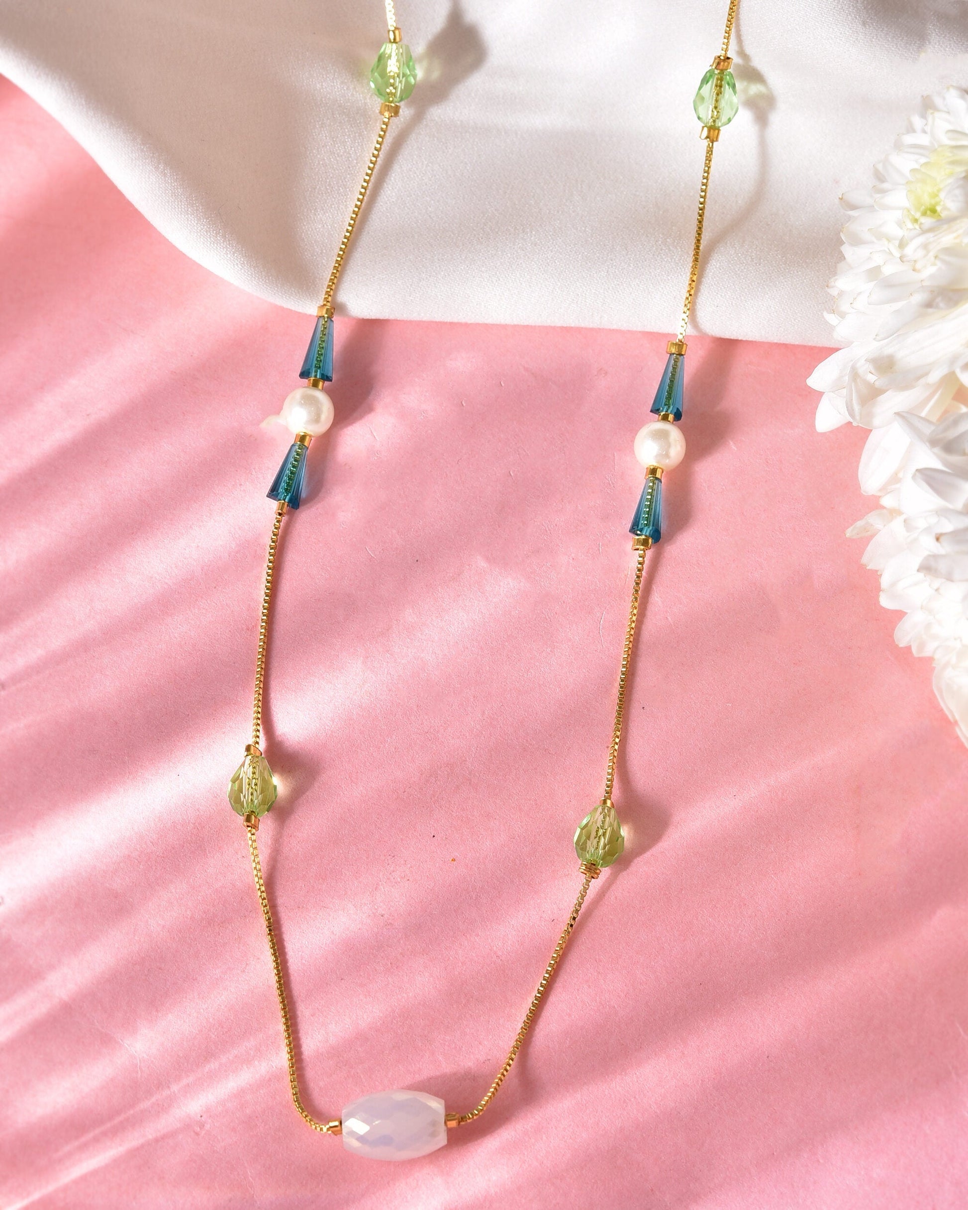 VOJ Gold-Polished Green Beaded Chain For Women 