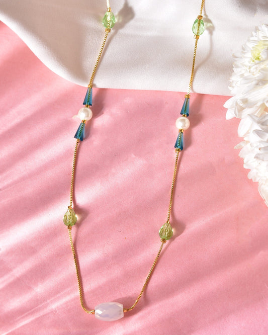 VOJ Gold-Polished Green Beaded Chain For Women 
