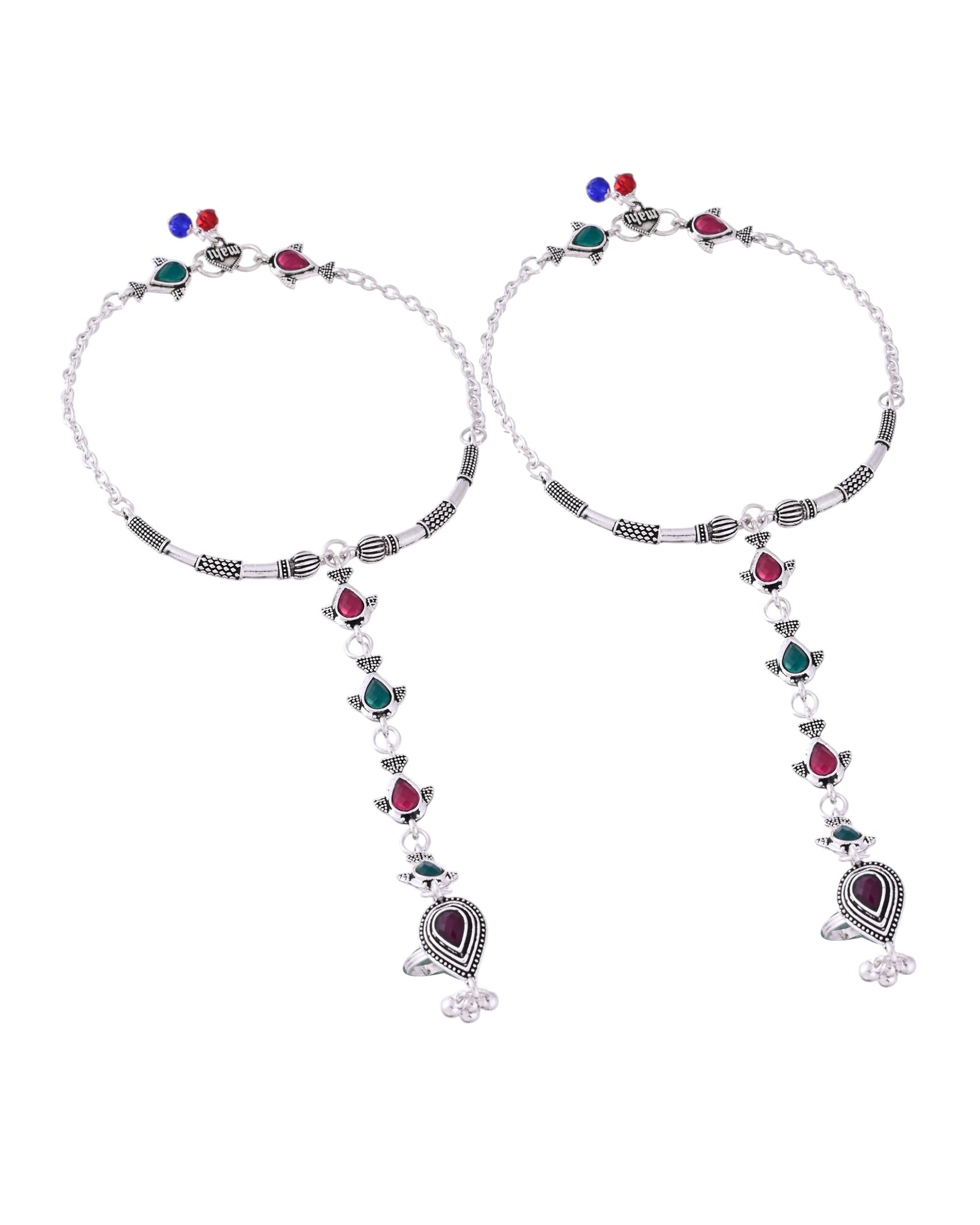 VOJ Set of 2 Silver Toned Meenakari Anklet With Toe Ring 