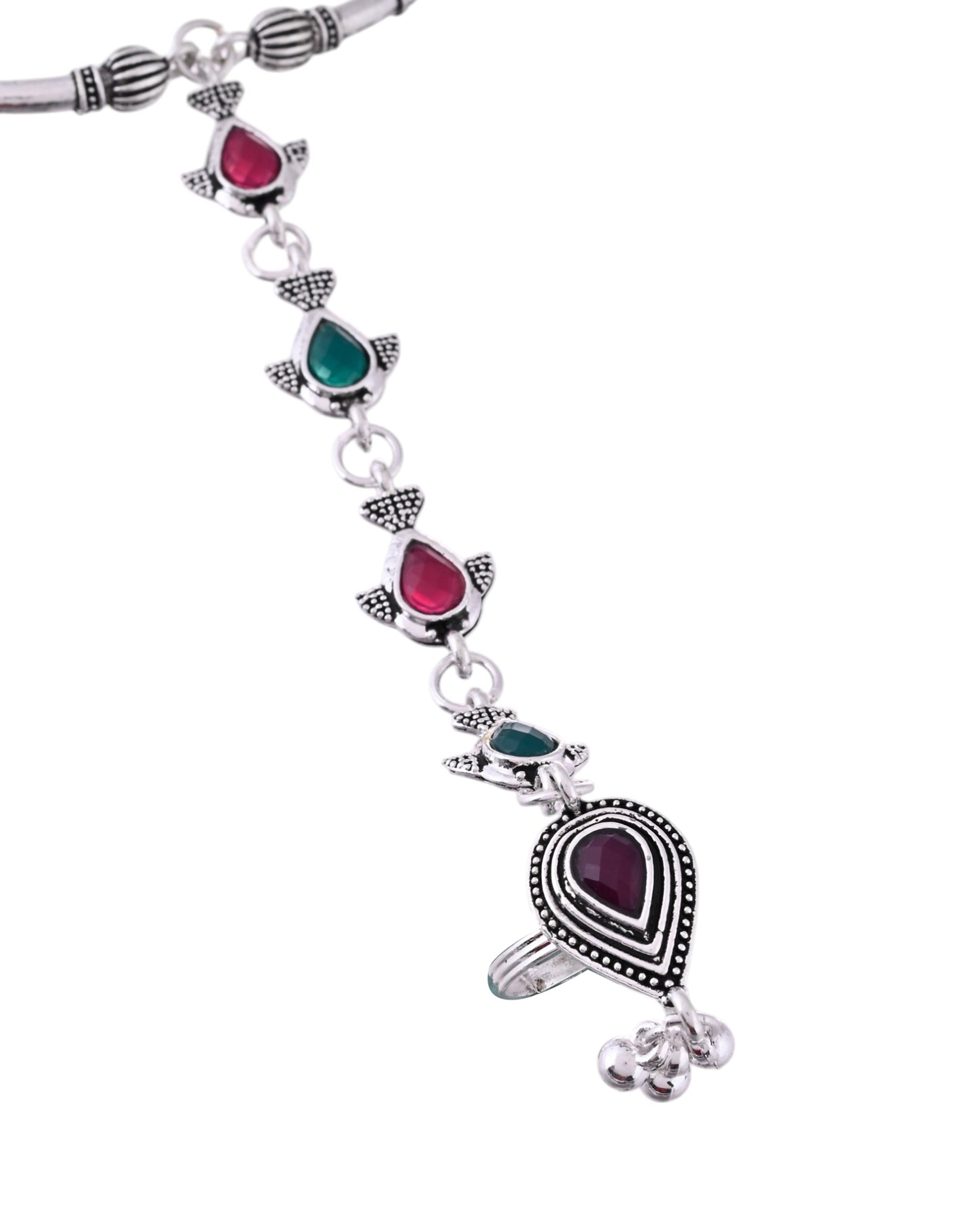 VOJ Set of 2 Silver Toned Meenakari Anklet With Toe Ring 