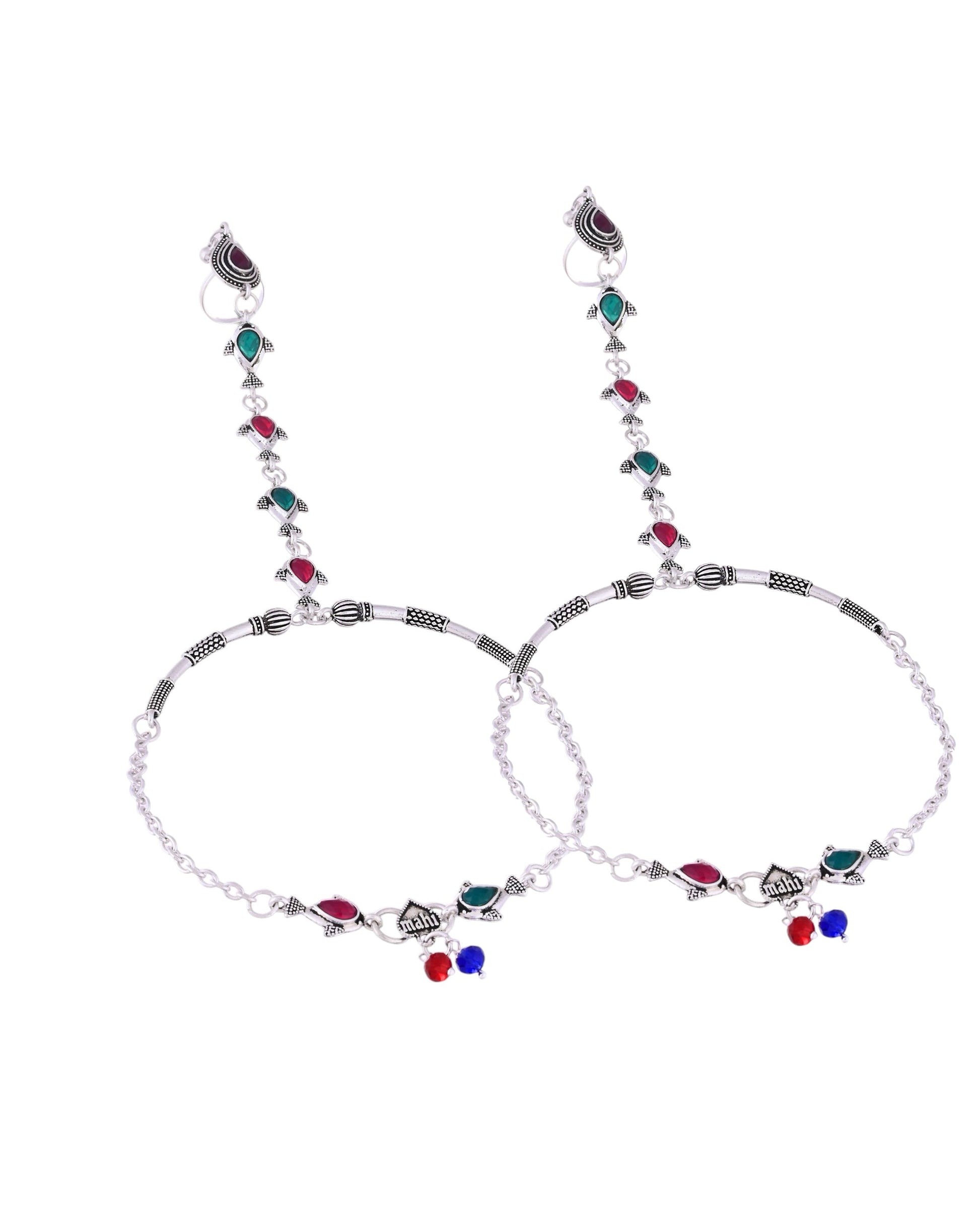 VOJ Set of 2 Silver Toned Meenakari Anklet With Toe Ring 