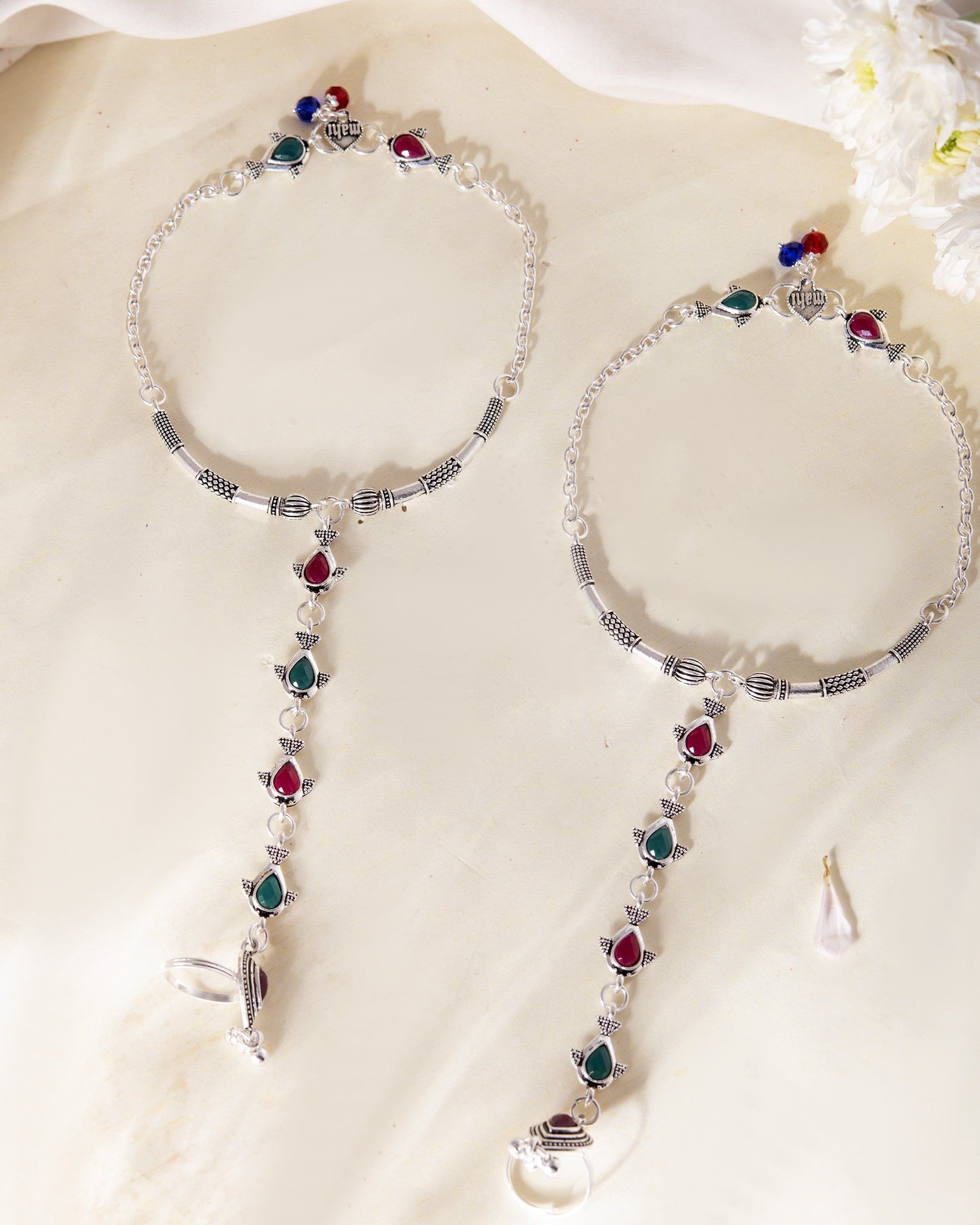 VOJ Set of 2 Silver Toned Meenakari Anklet With Toe Ring 