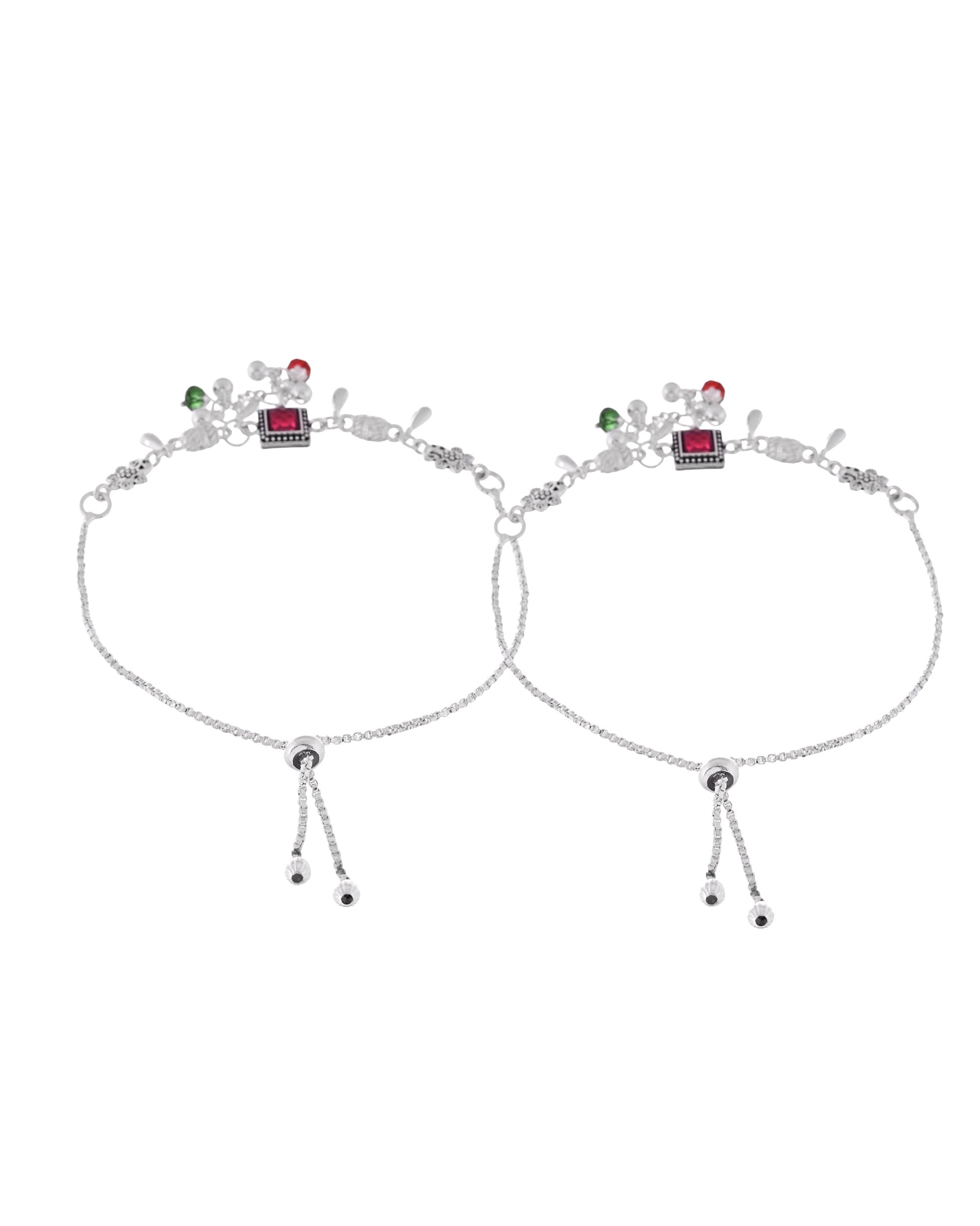 VOJ Set of 2 Silver Plated With Beads Anklet 