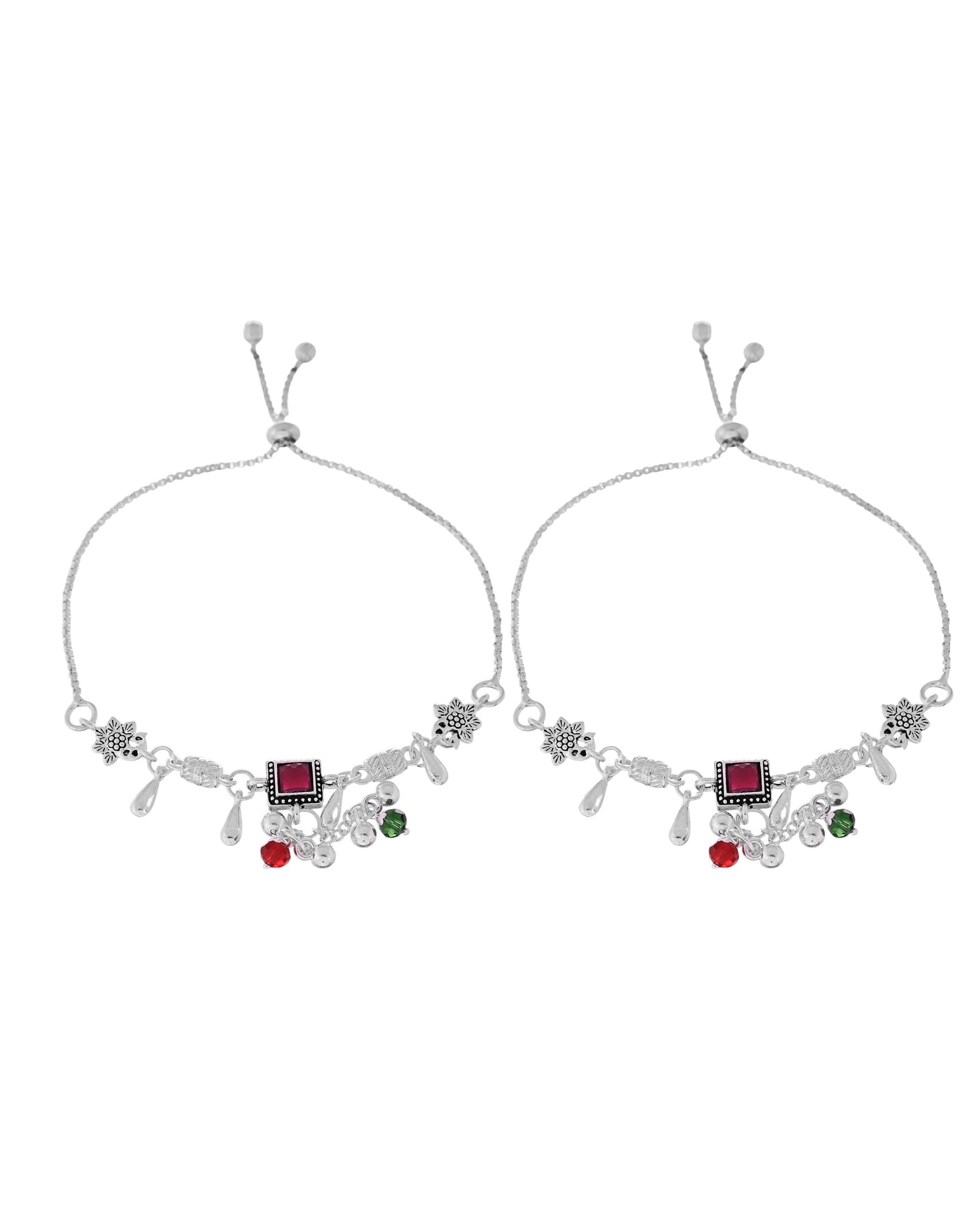 VOJ Set of 2 Silver Plated With Beads Anklet 