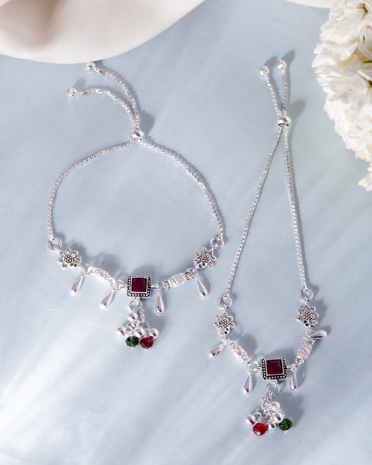 VOJ Set of 2 Silver Plated With Beads Anklet 