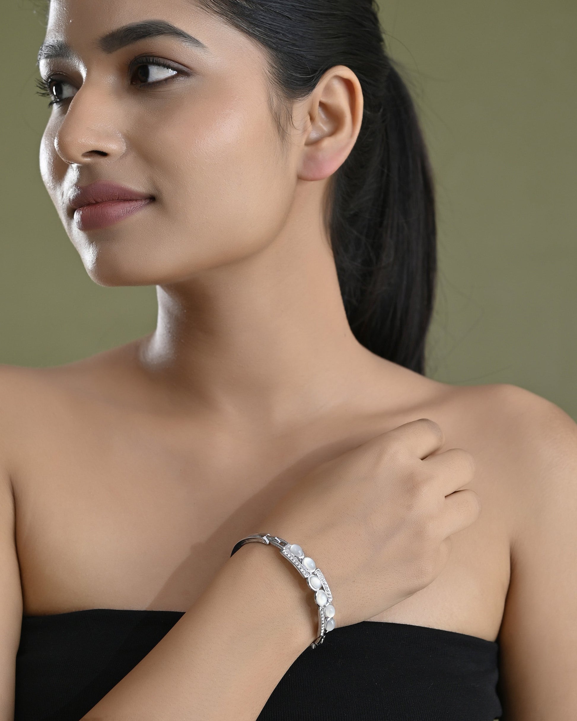 VOJ Silver Plated Stone Studded Kada Bracelet VOJ (Valley Of Jewellery)