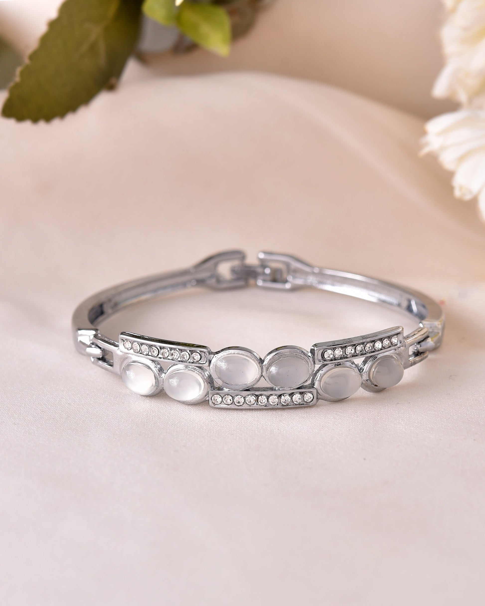 VOJ Silver Plated Stone Studded Kada Bracelet VOJ (Valley Of Jewellery)