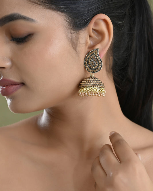 VOJ Gold Toned Stone Studded Done Shaped Jhumka Earrings VOJ (Valley Of Jewellery)