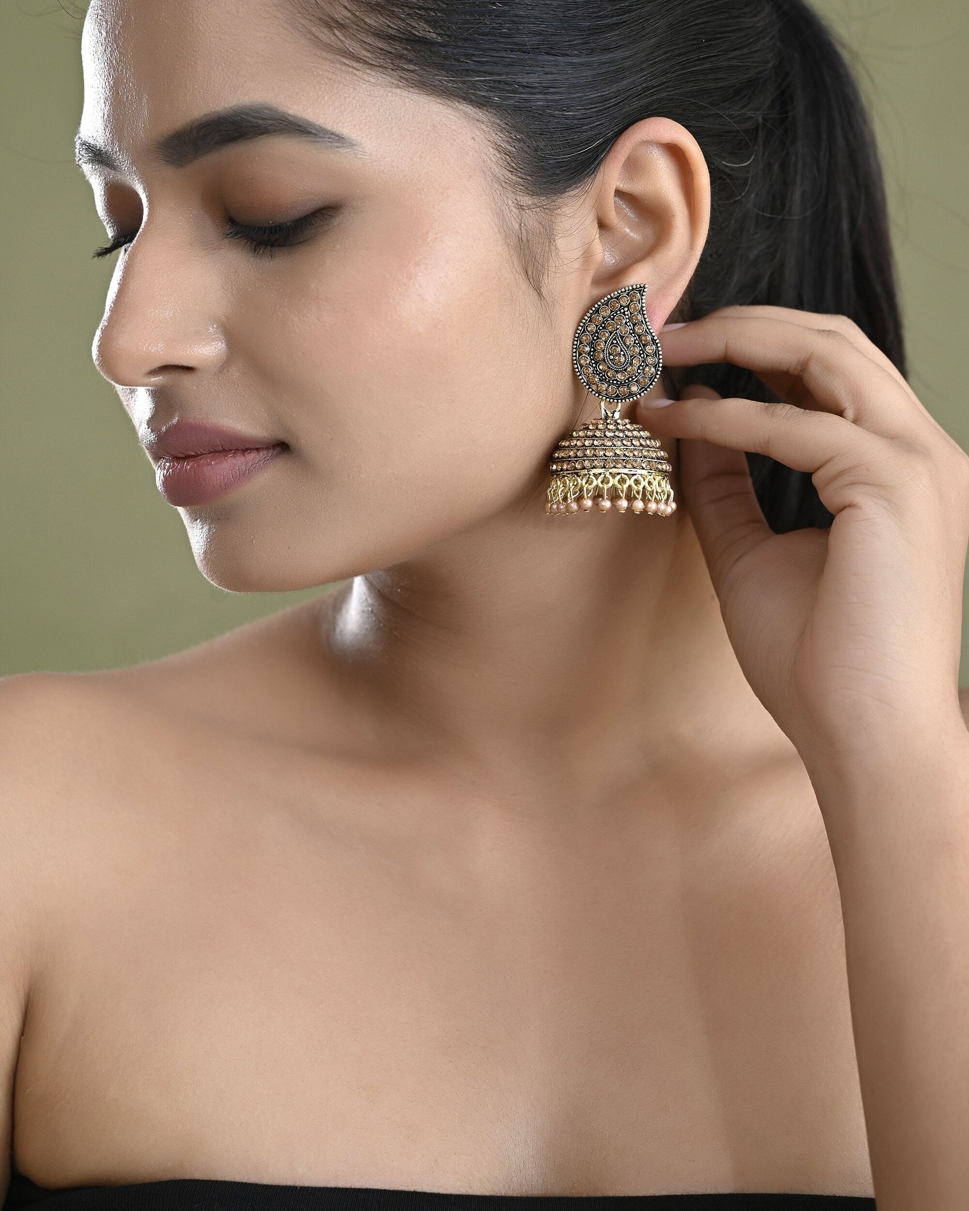 VOJ Gold Toned Stone Studded Done Shaped Jhumka Earrings VOJ (Valley Of Jewellery)