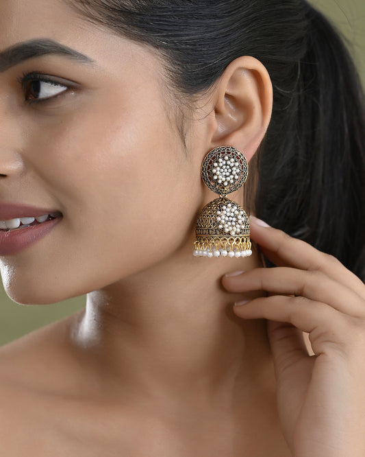 VOJ Gold Toned Stone Studded Done Shaped With Pearl Jhumka Earrings VOJ (Valley Of Jewellery)